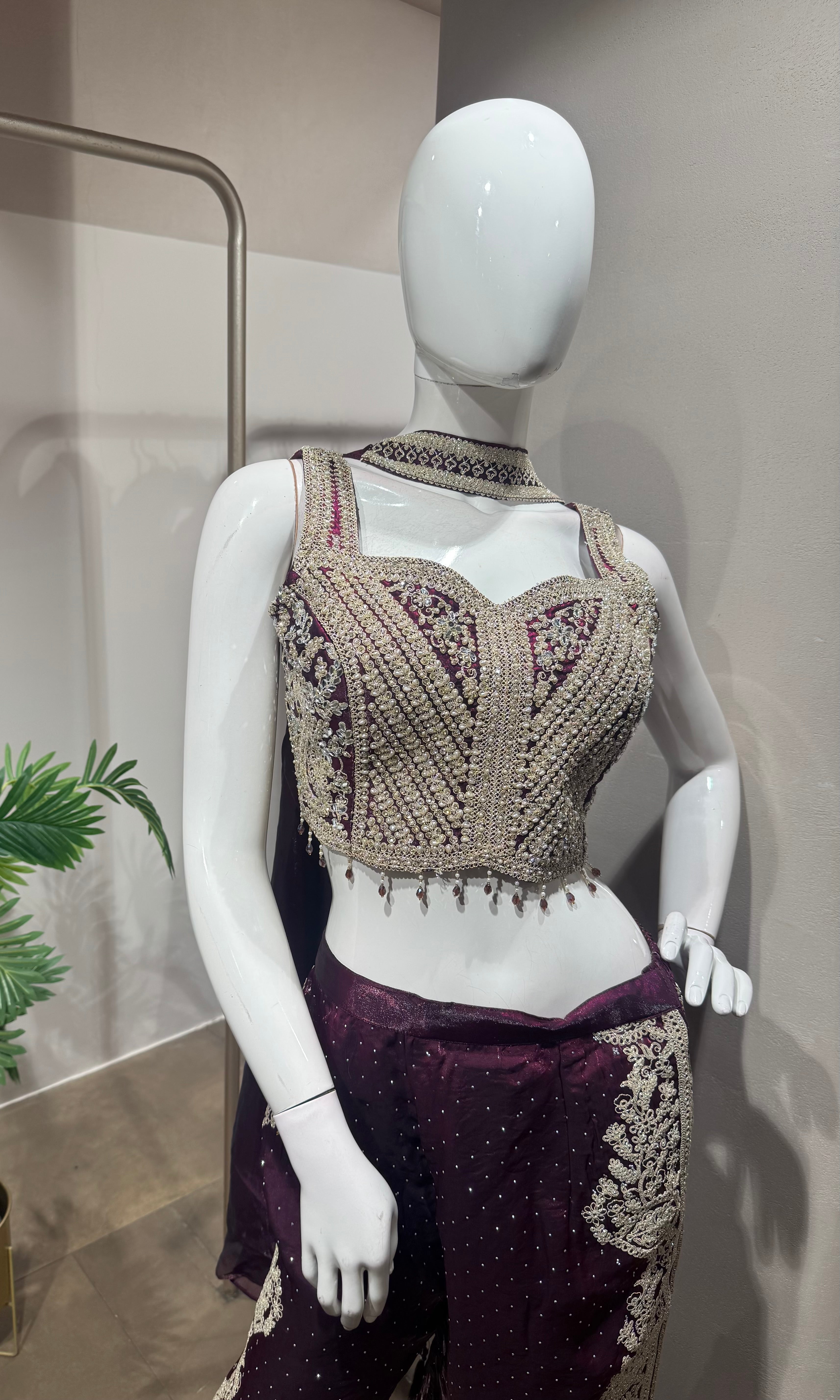 WINE embroidered crop top palazzo set