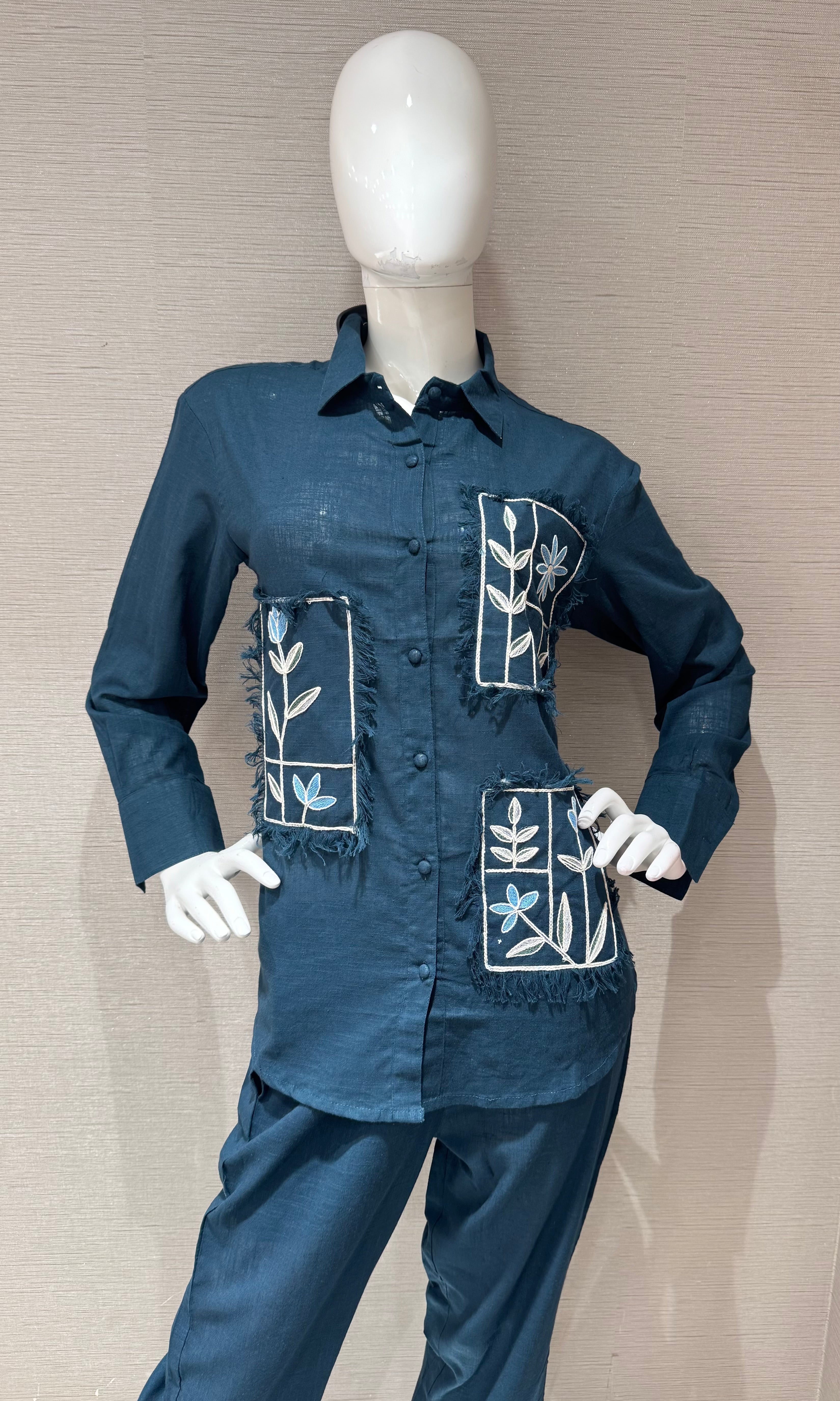 Green cotton embroidery work short cord set