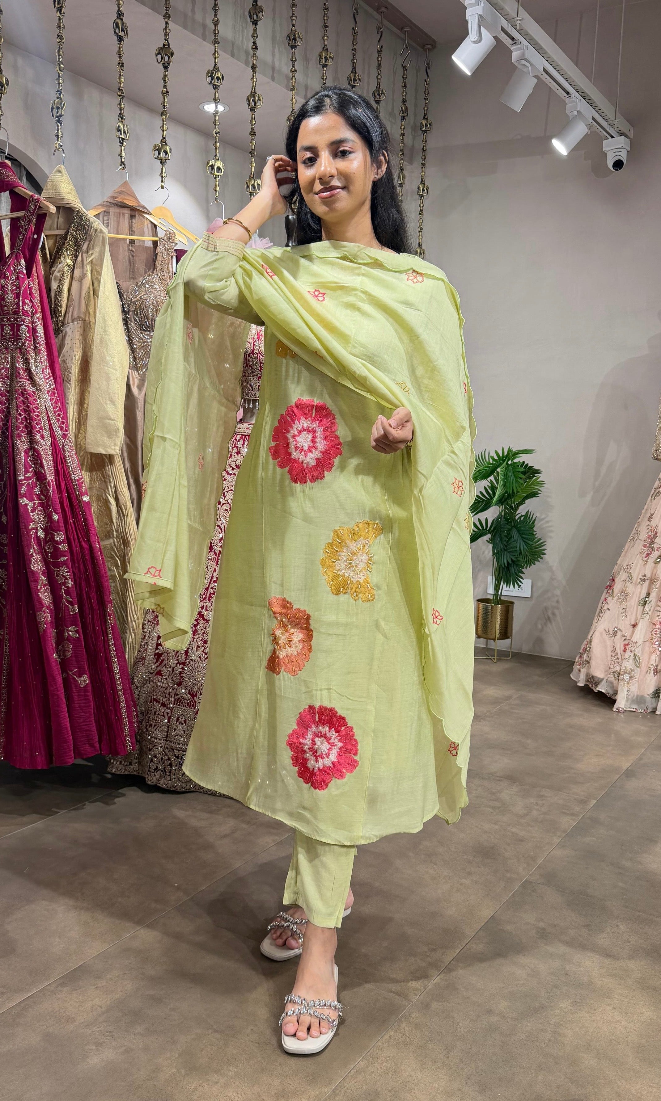 pista green floral printed kurta set