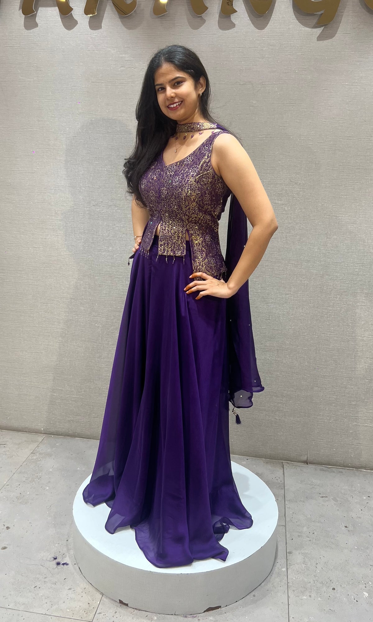 Purple silk Peplum Palazzo with Chiffon Blouse with dupatta