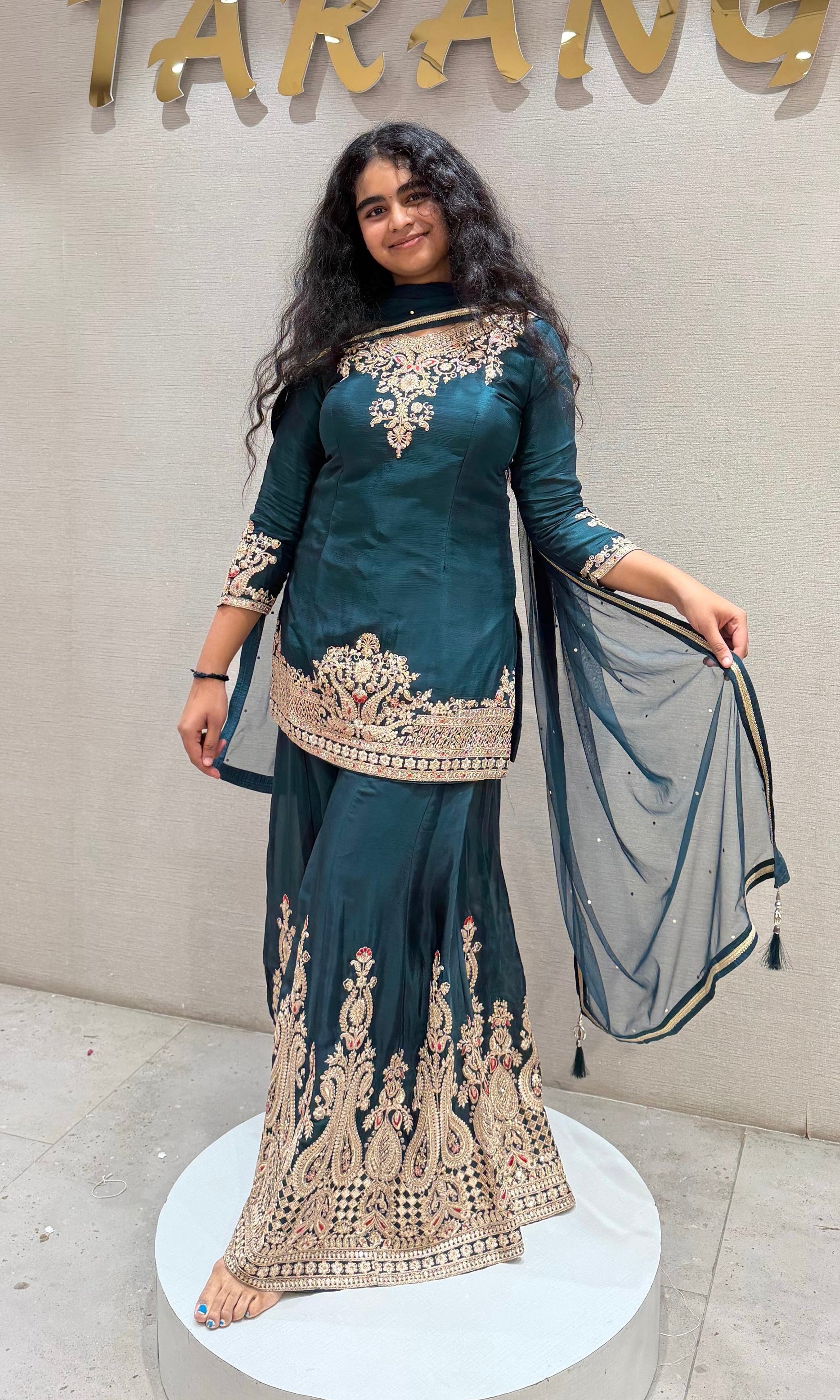 BOTTEL Green Silk Embroidery Sharara Suit