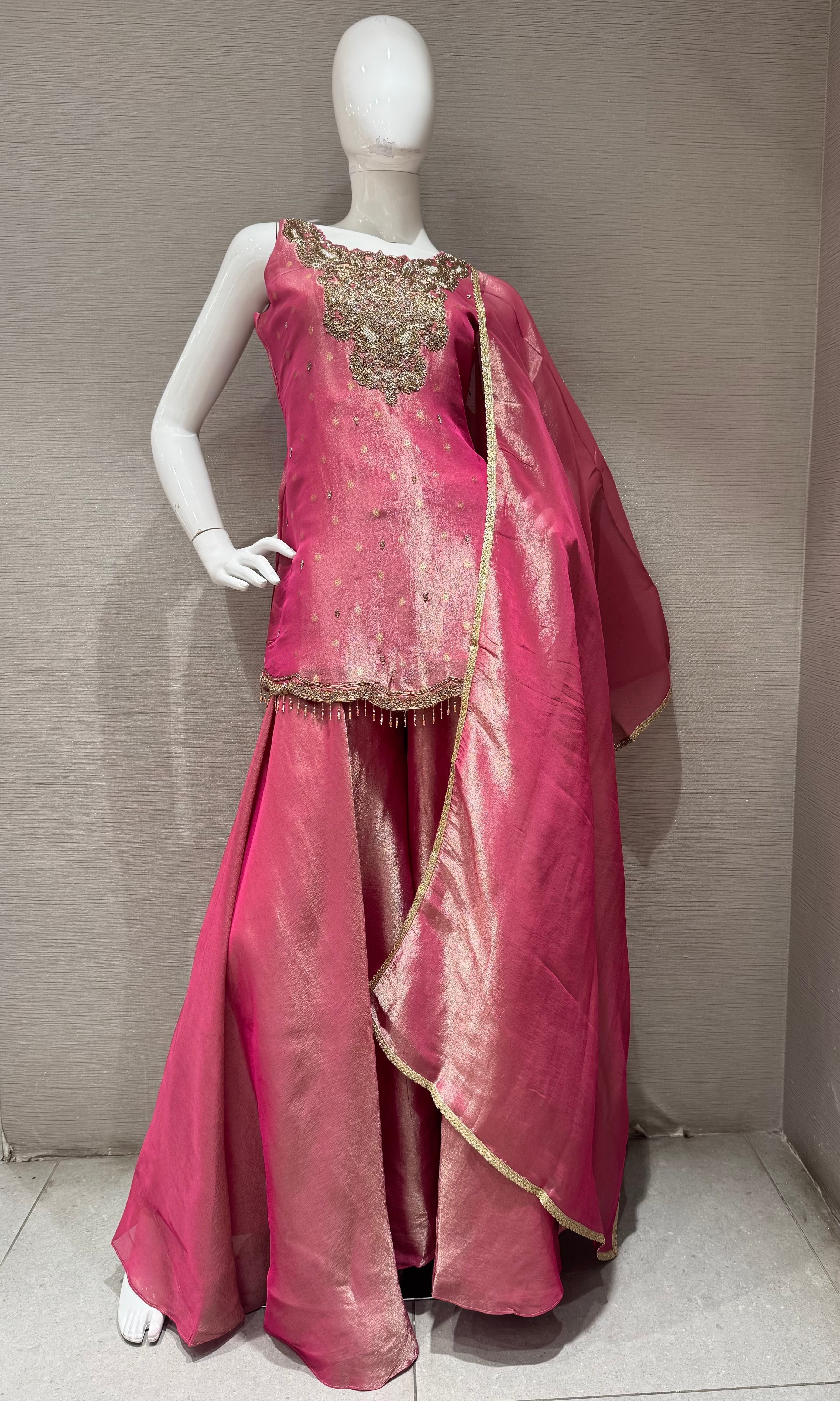 Rani Gold Tissue silk Embroidered Sharara Set