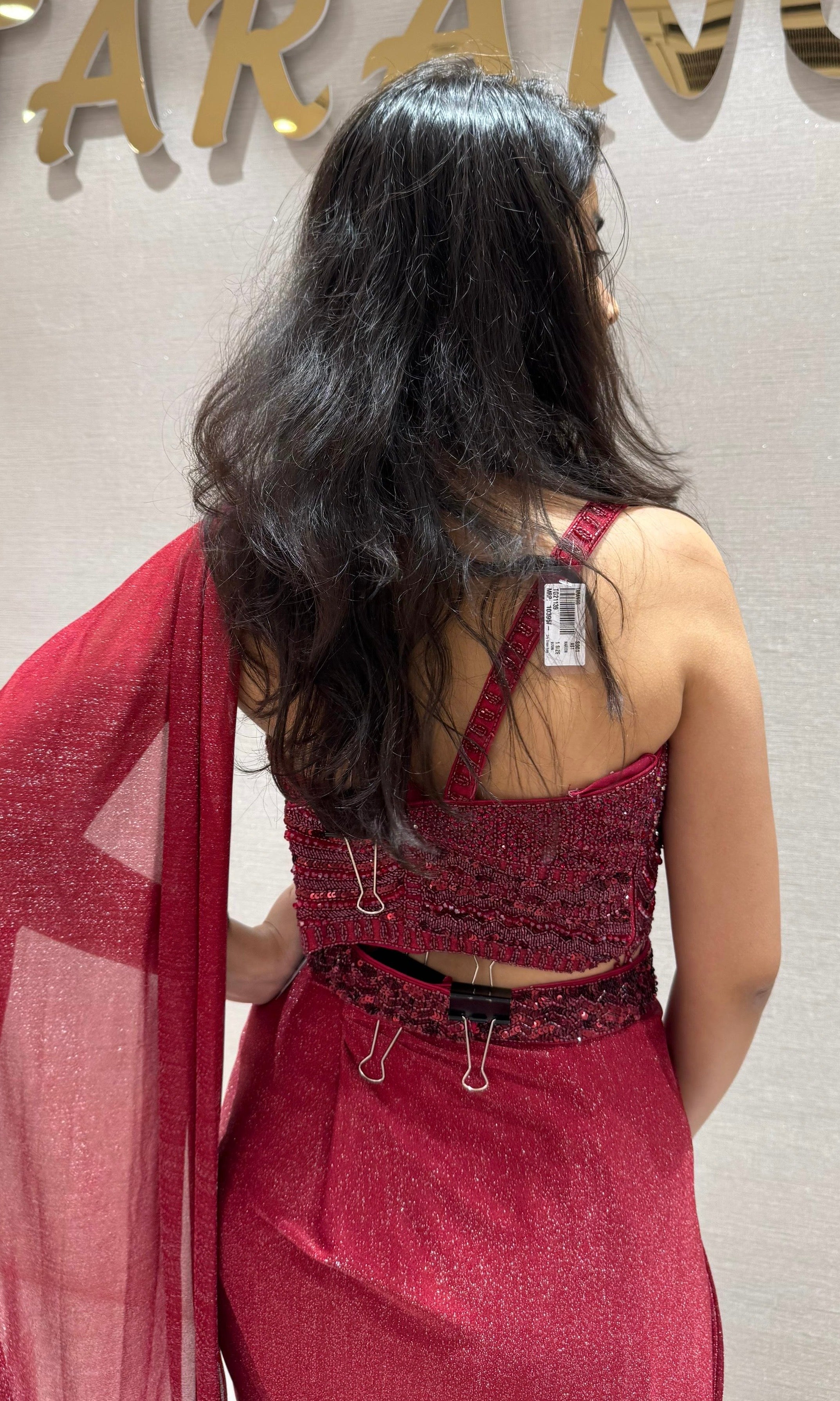 Maroon sequin embroidered drape saree