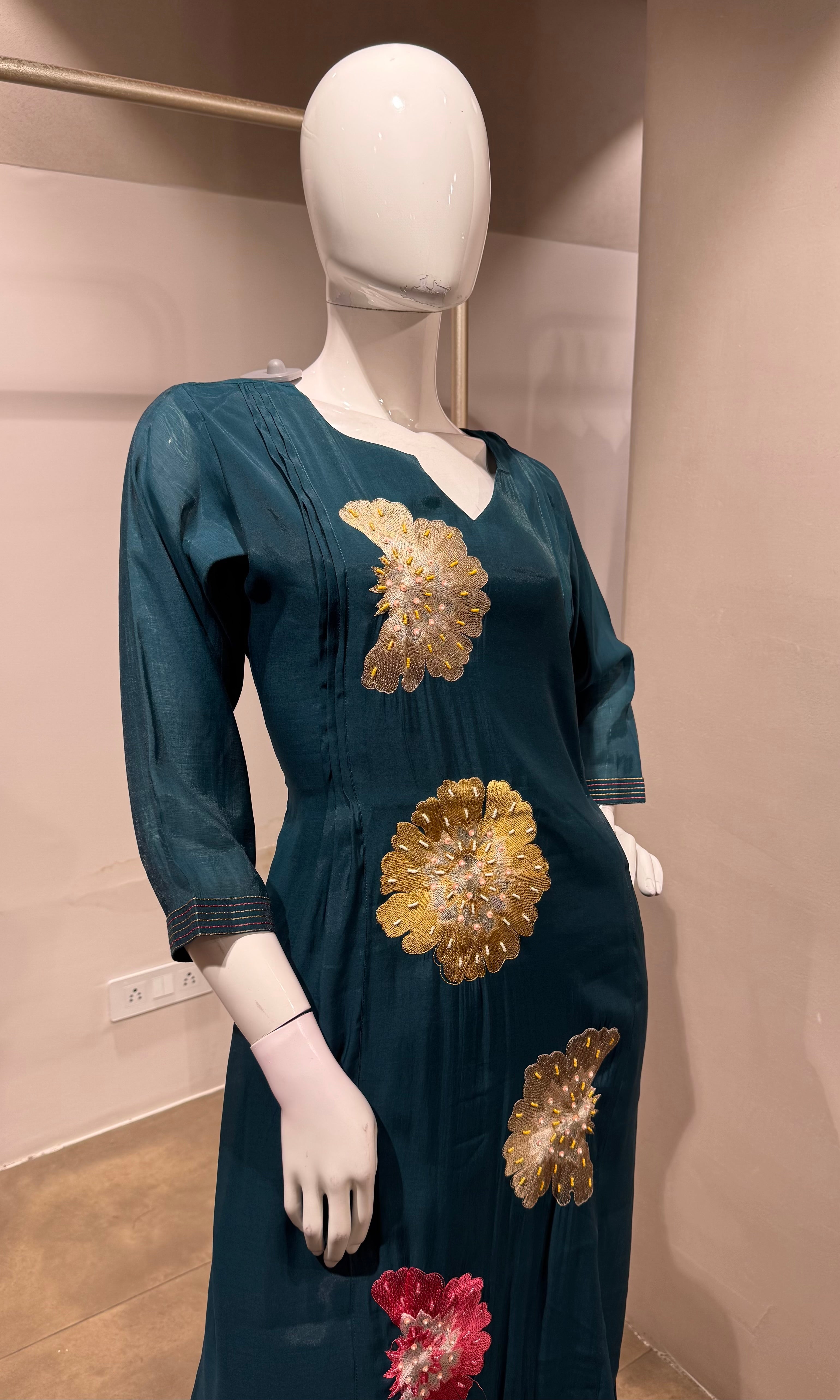 Teal Blue floral printed kurta set