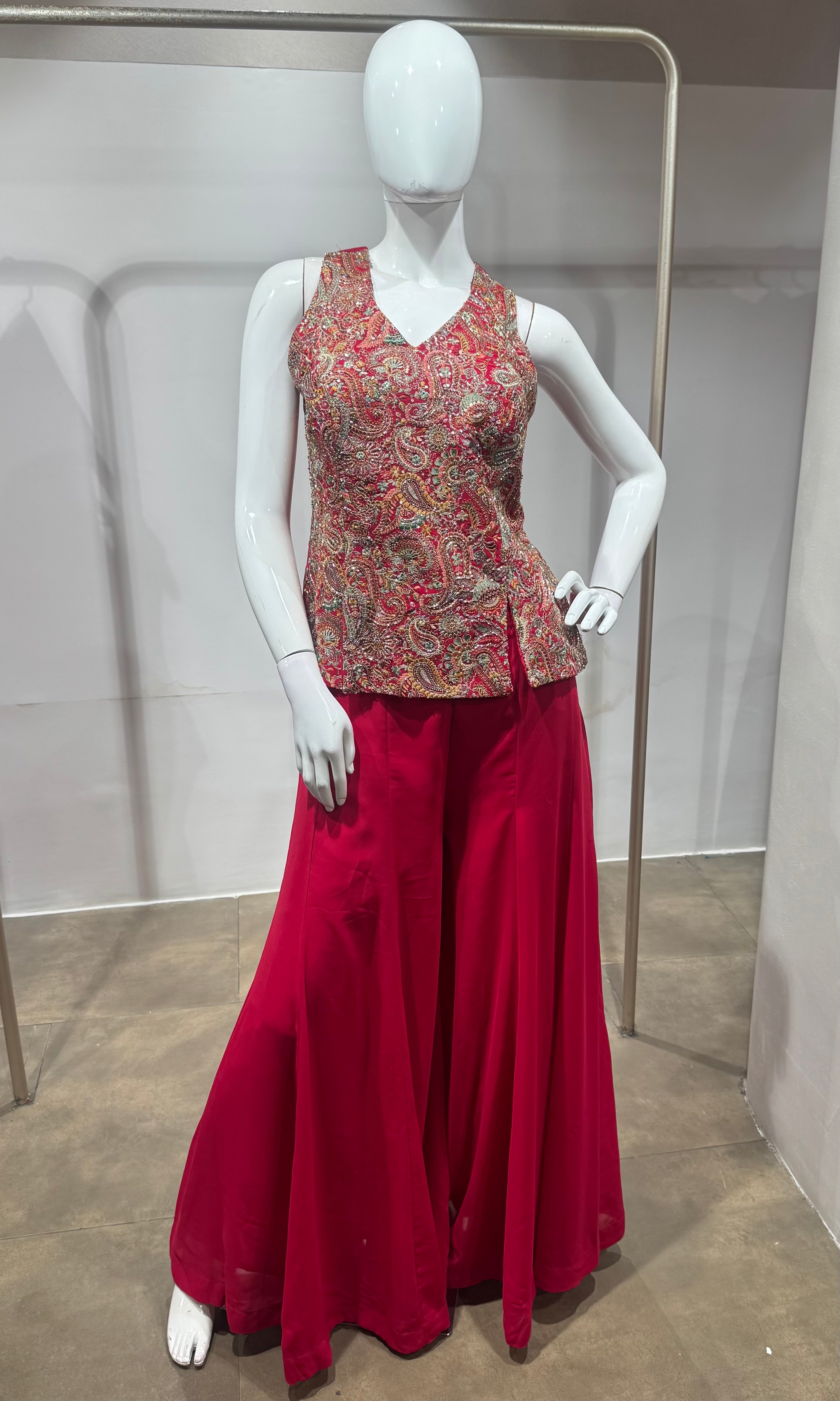 Pink Embroidered Peplum Palazzo Set
