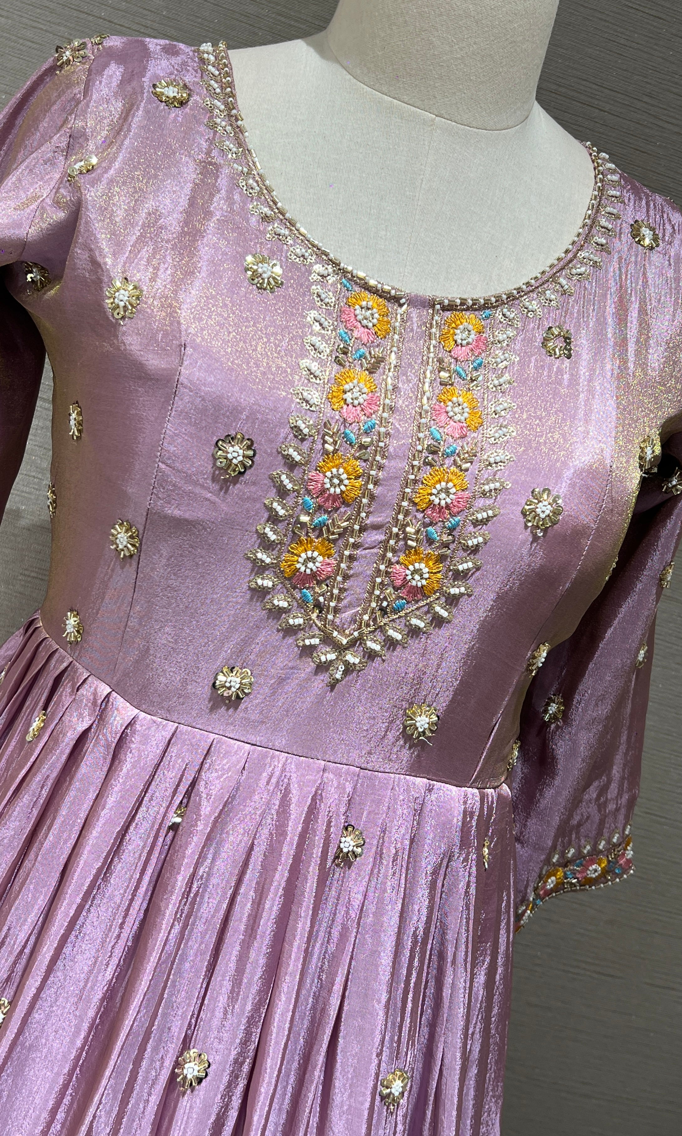 Lilac Anarkali Long Gown with Floral Embroidery and Dupatta