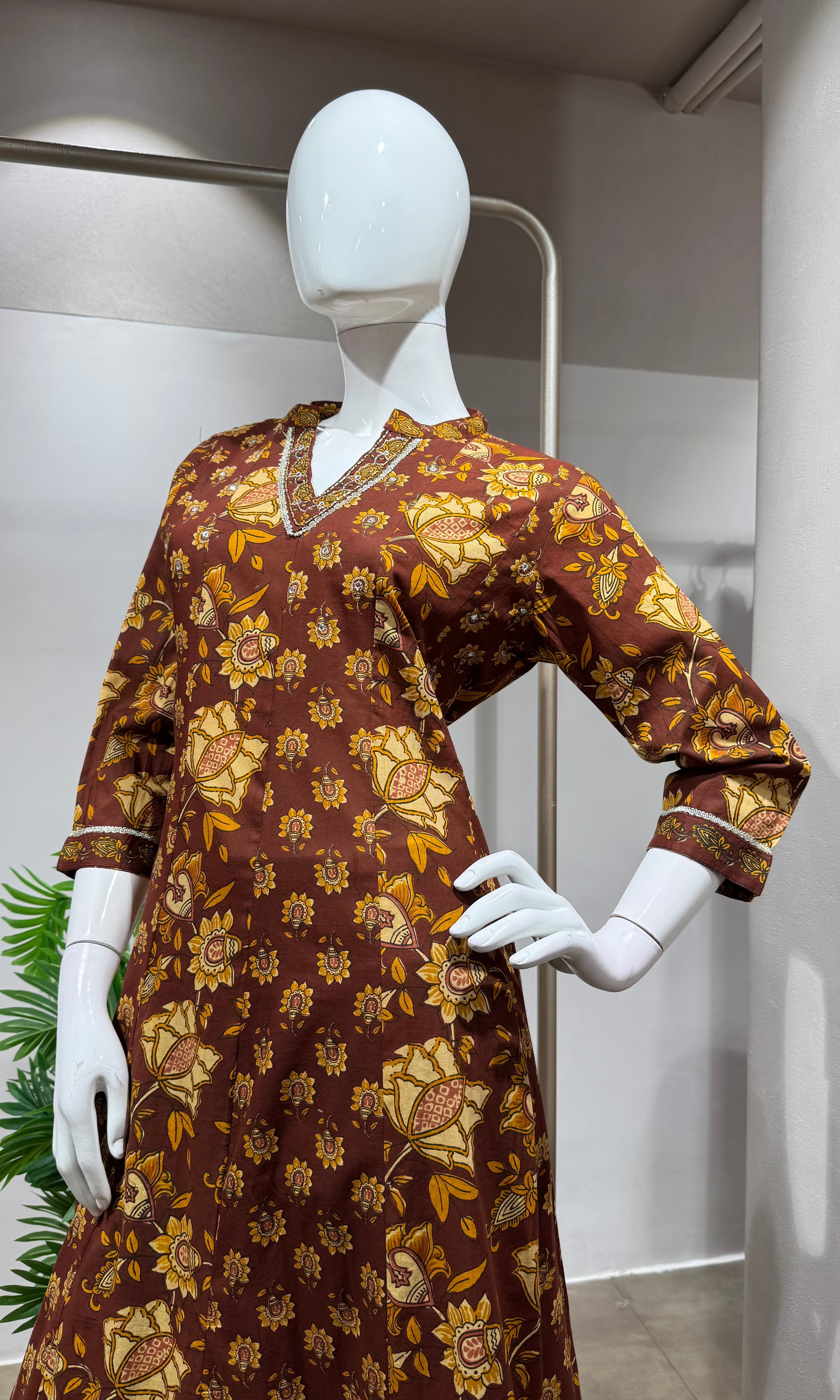 BROWN Floral Printed Ethnic Anarkali Set