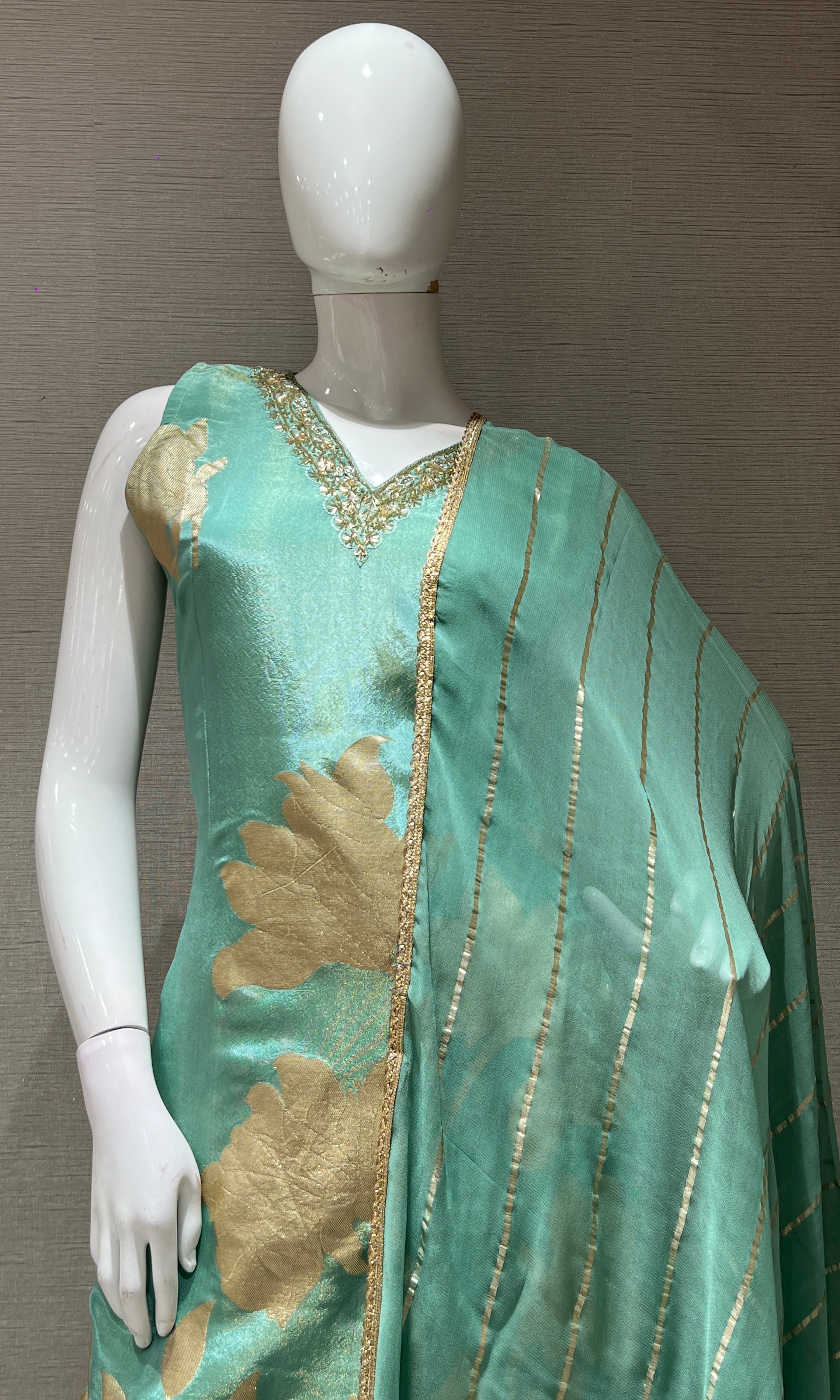Sea green golden floral kurta set