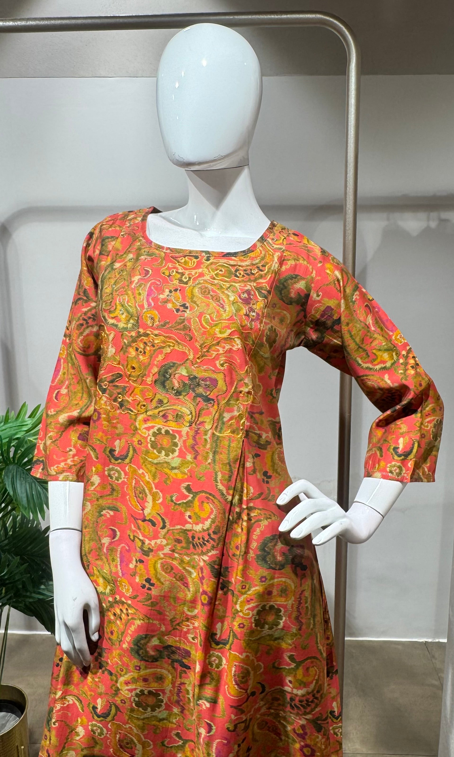 Rust floral printed A-line kurti with bottom