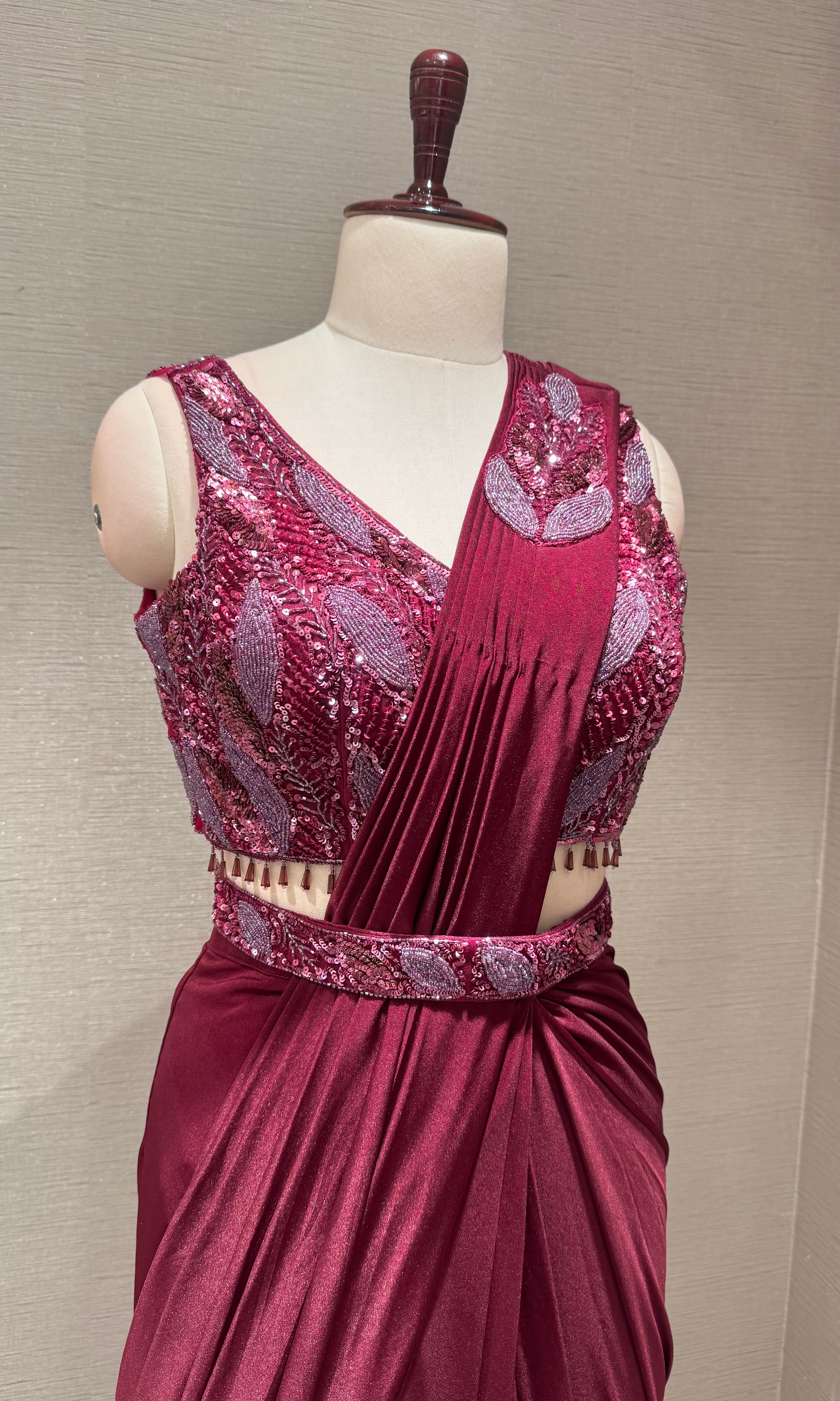 Wine Draped Saree with ethnic blouse and belt