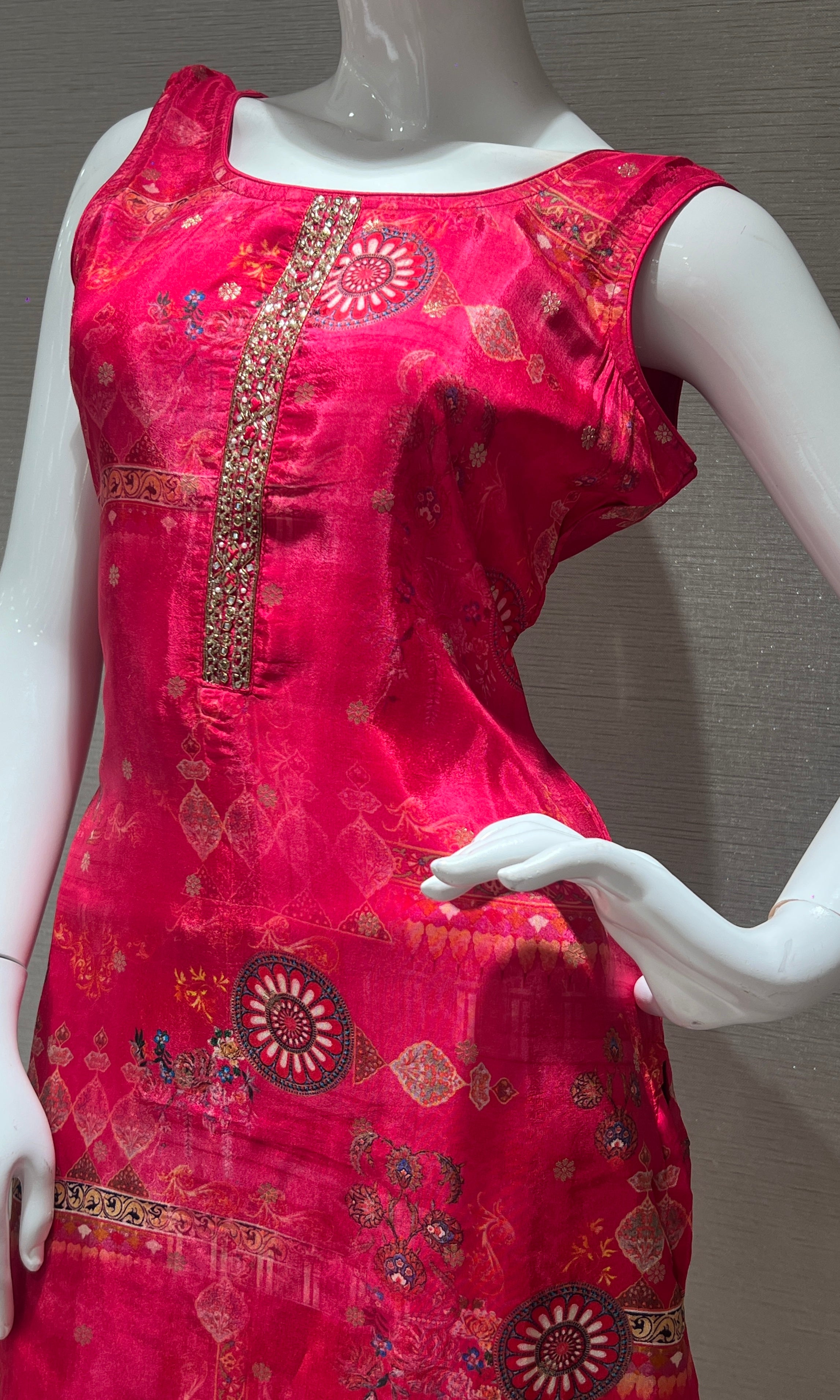 pink kurta set with a printed dupatta