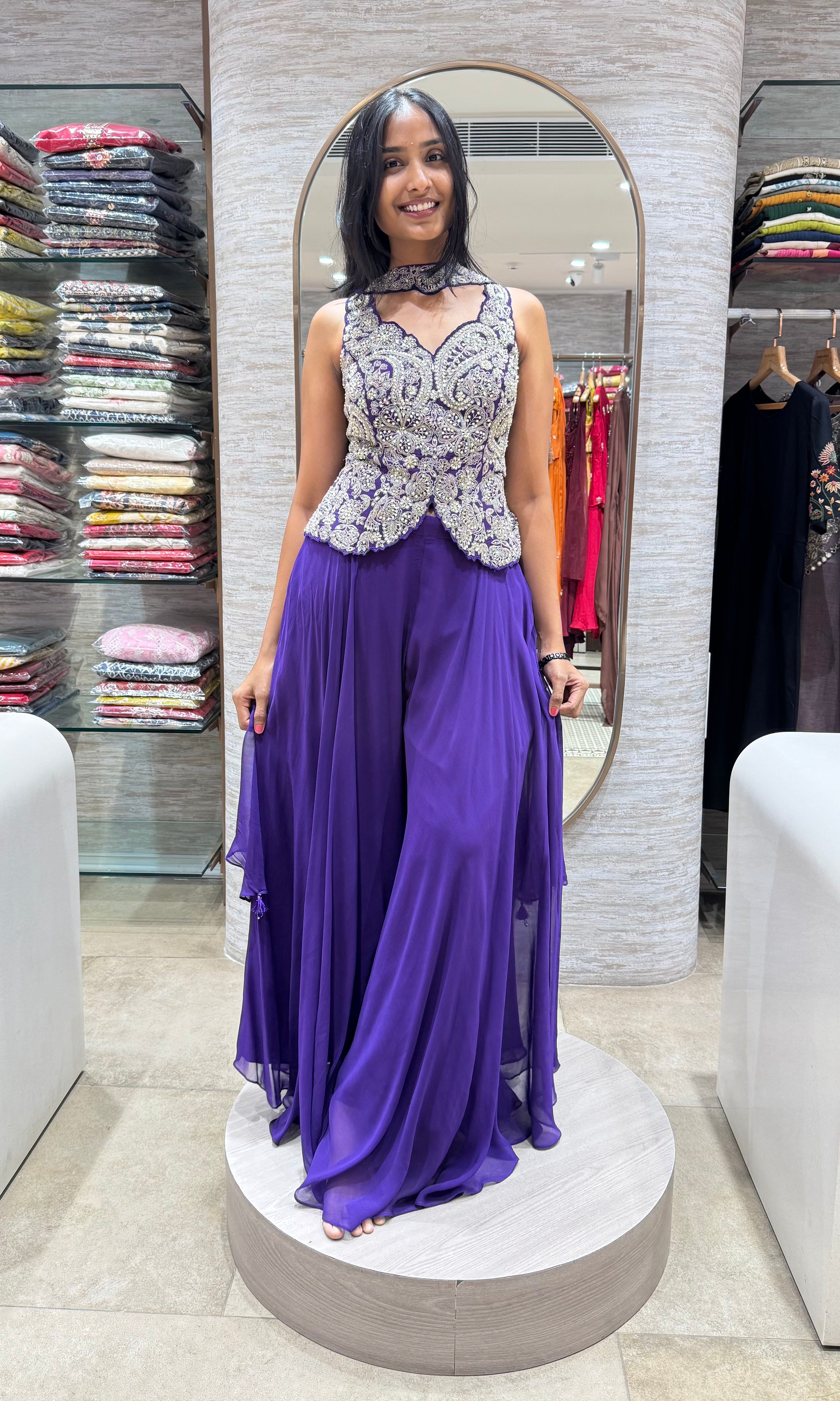 PURPLE EMBROIDERED PEPLUM PALAZZO