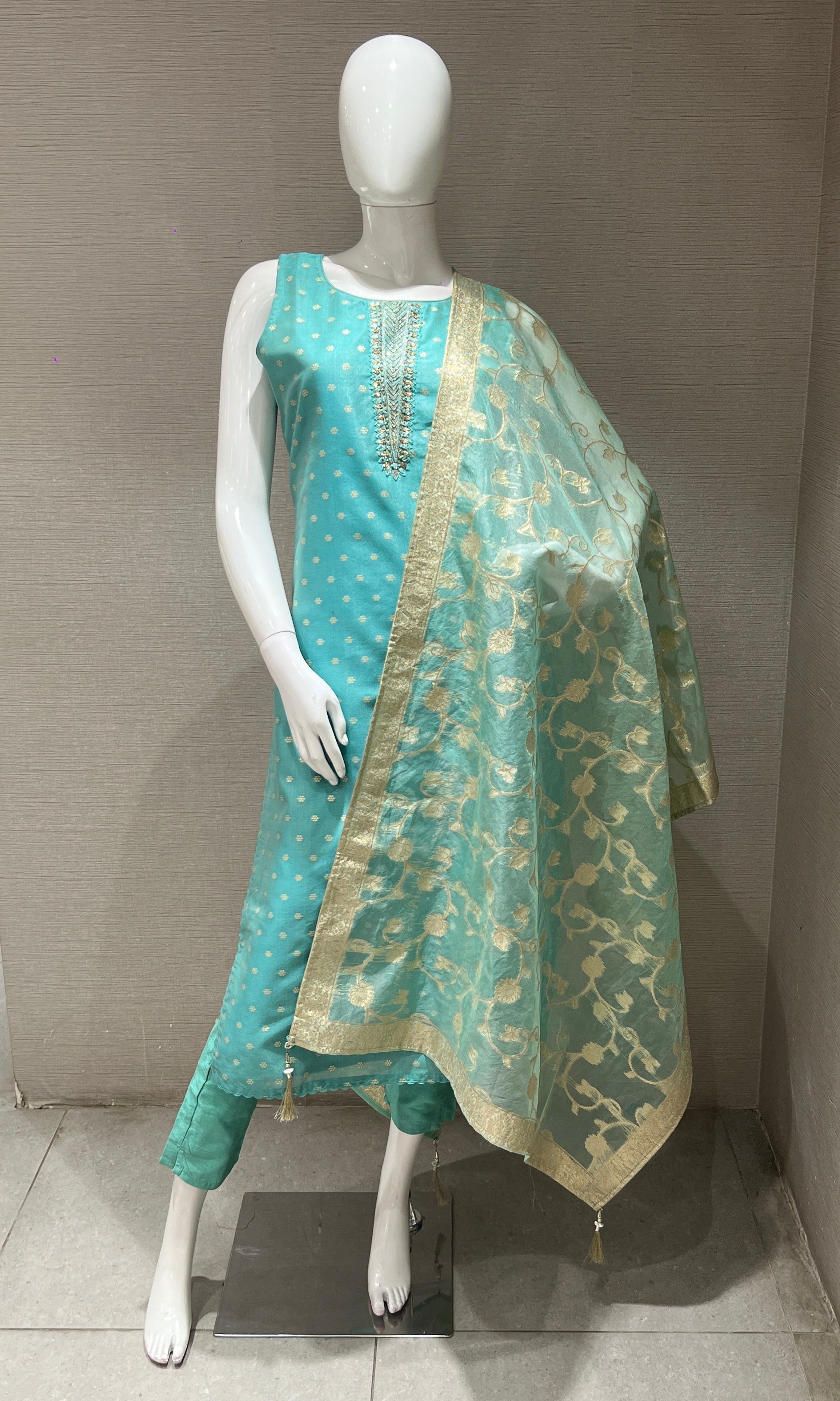 Sea green kurta set with floral print dupatta