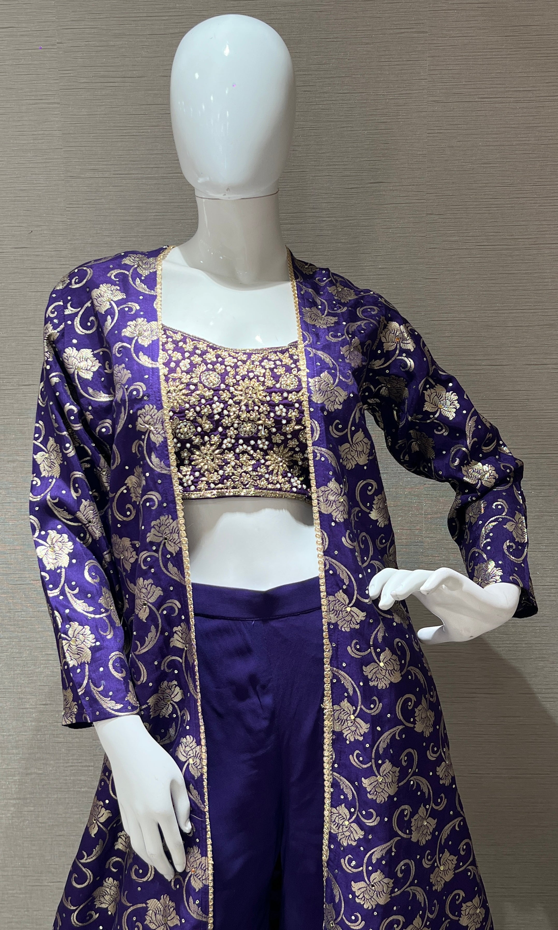 Purple Embroidered Palazzo with long jacket