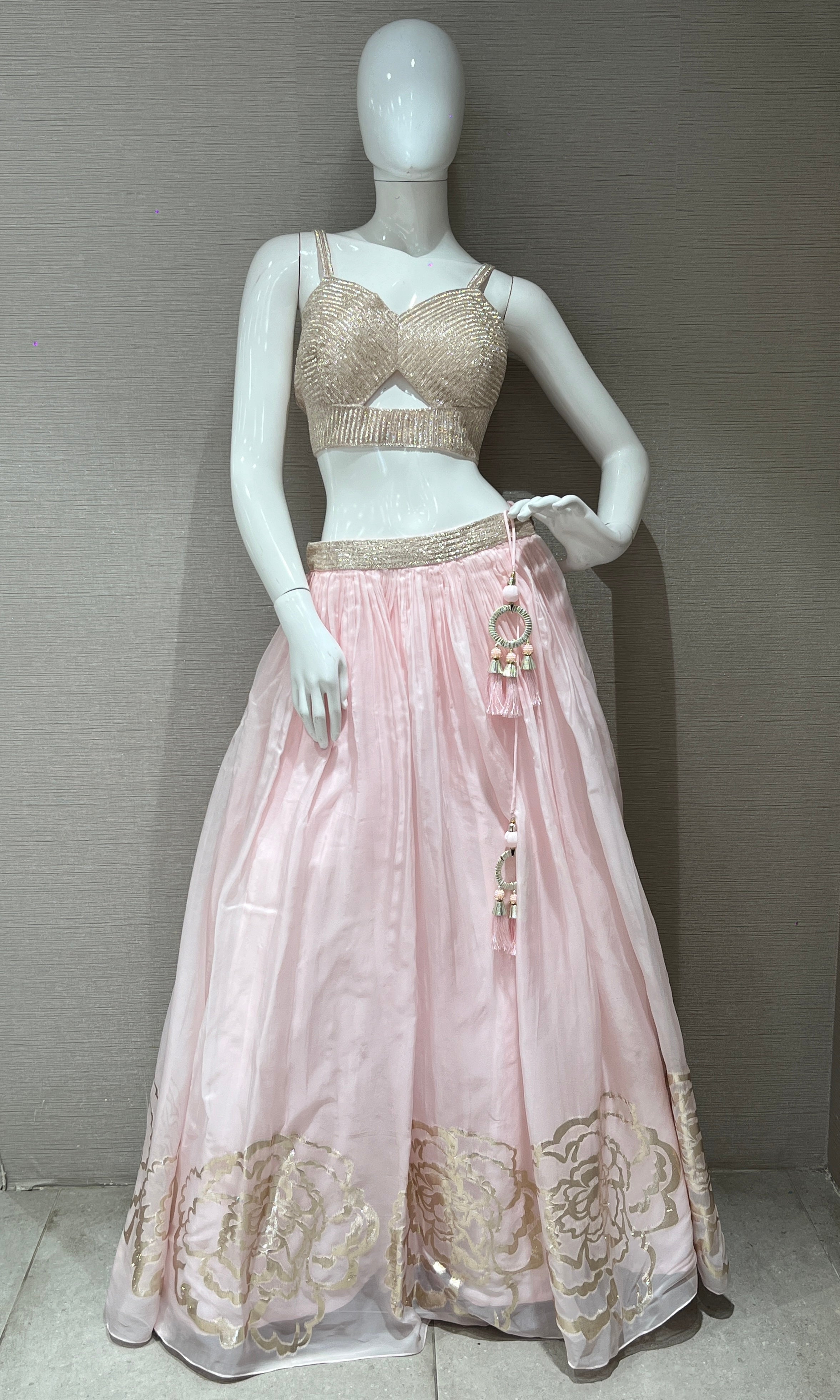 Baby pink Lehenga with floral embossing