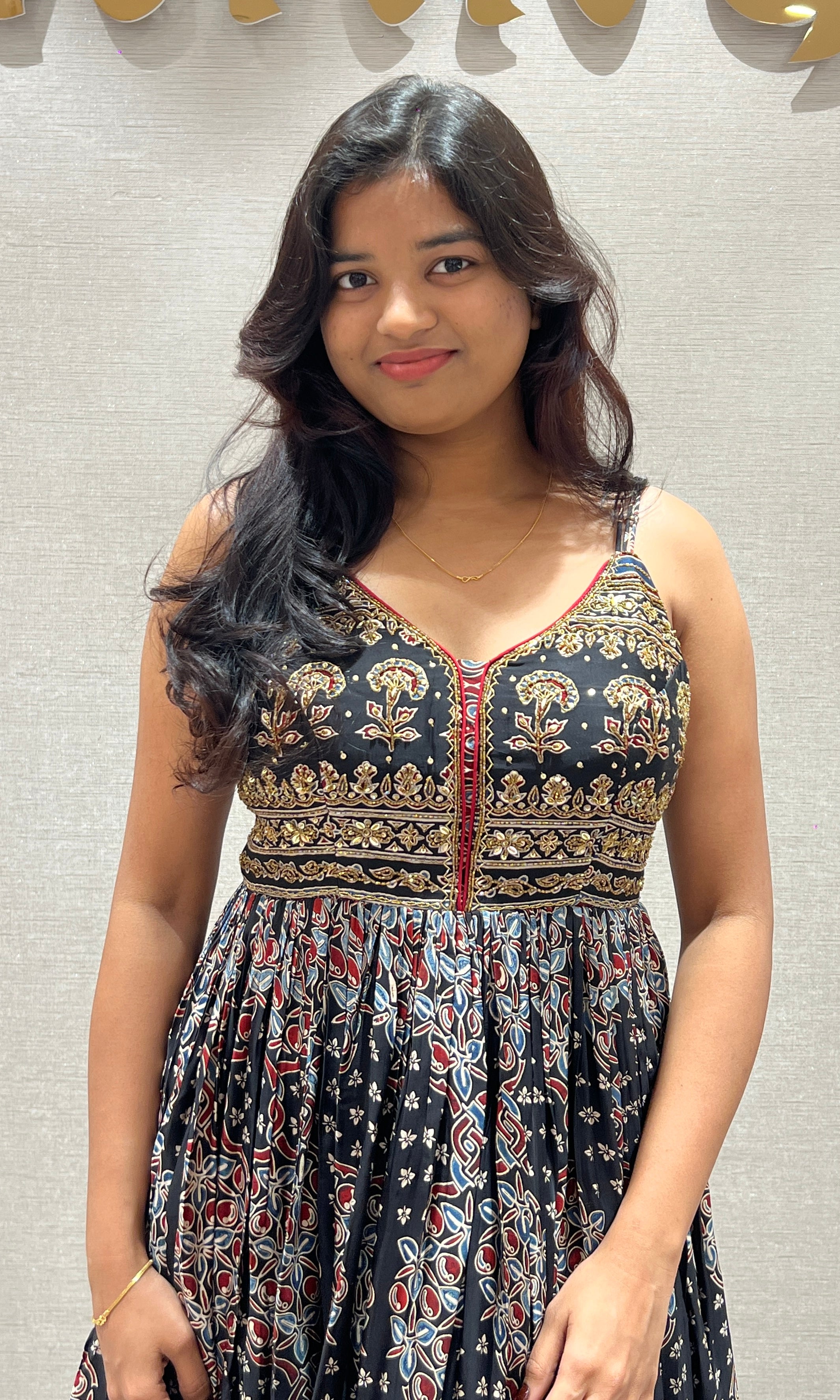 Black Floral Print Long Gown