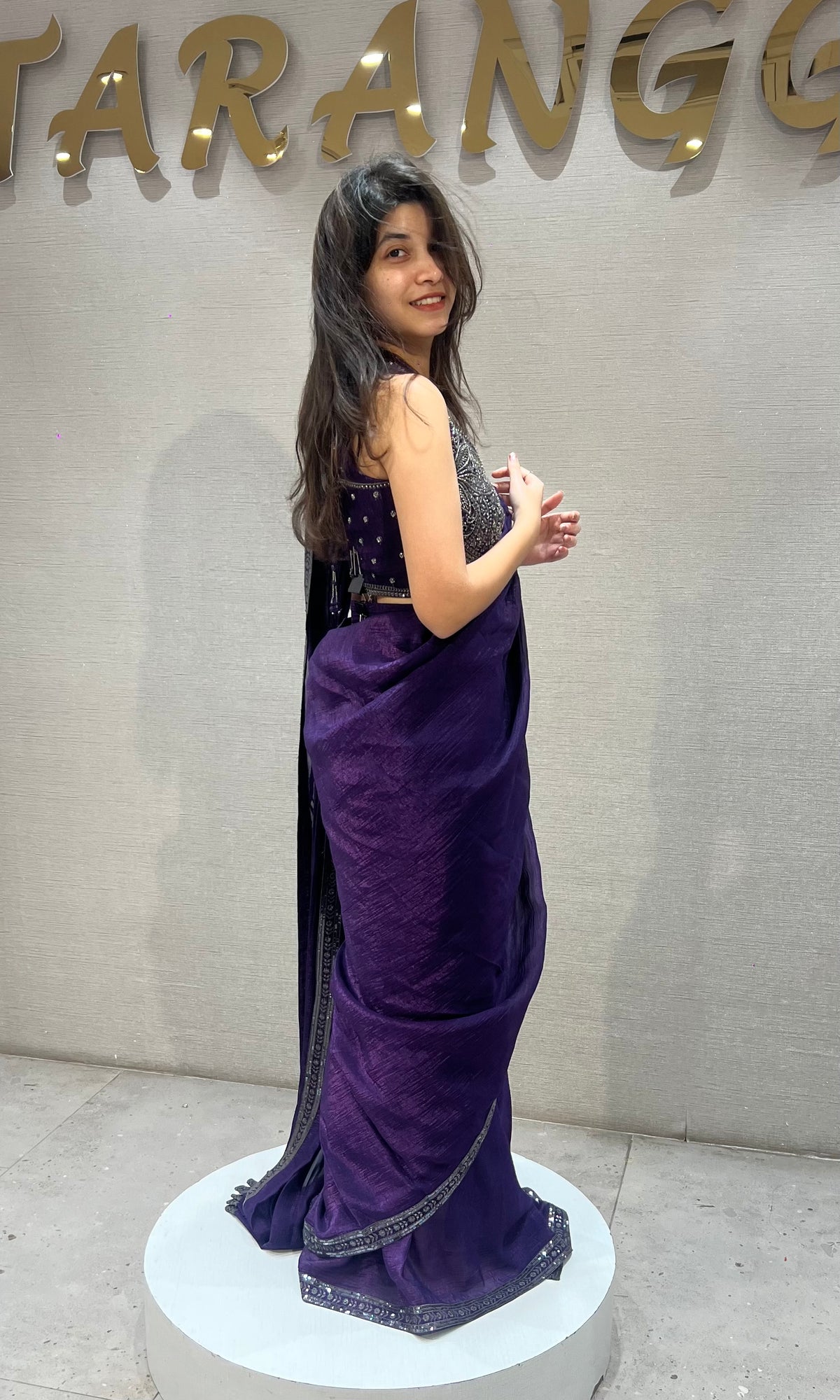 Deep Purple Embroidered Georgette Drape Saree