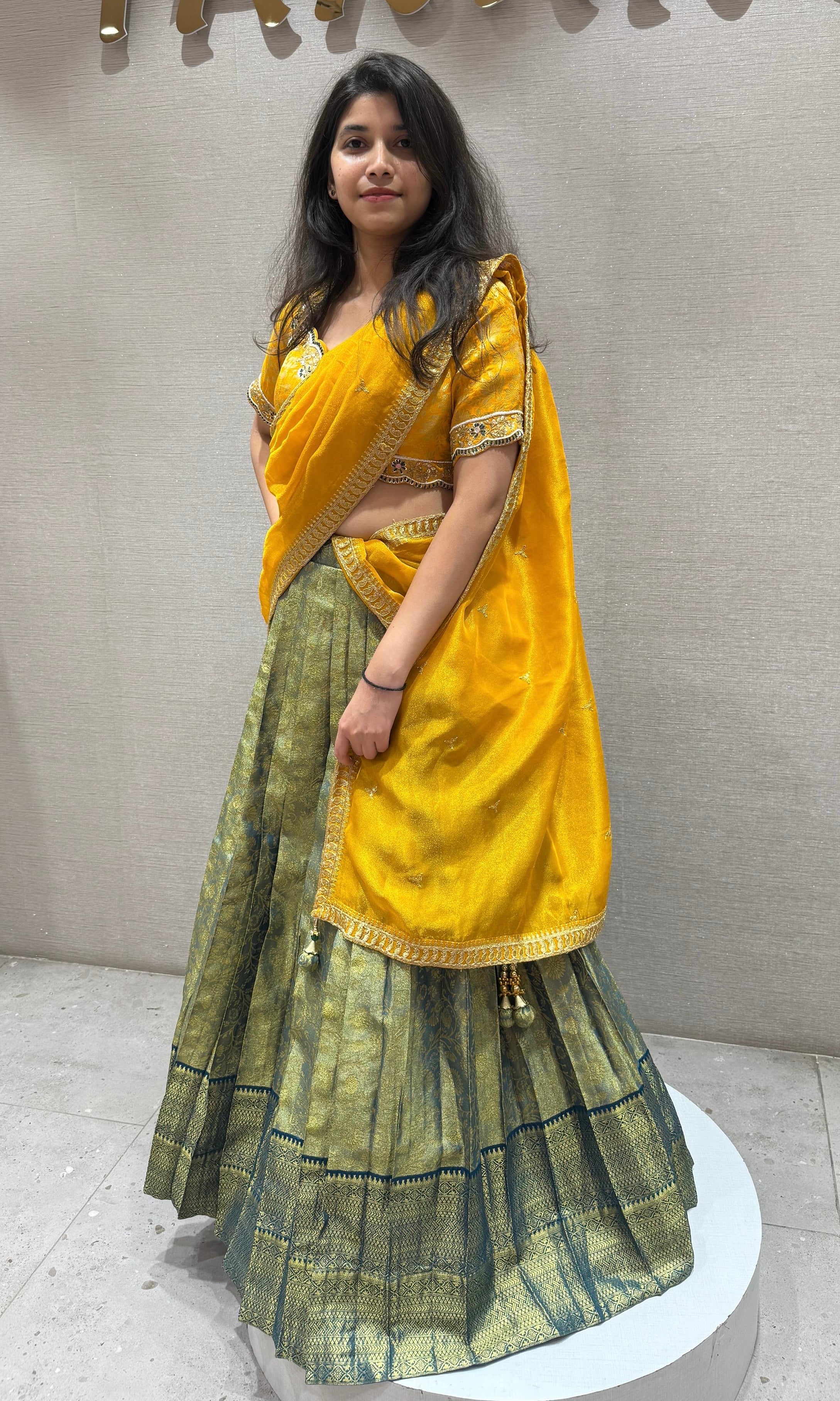 Green yellow silk pattu Lehenga