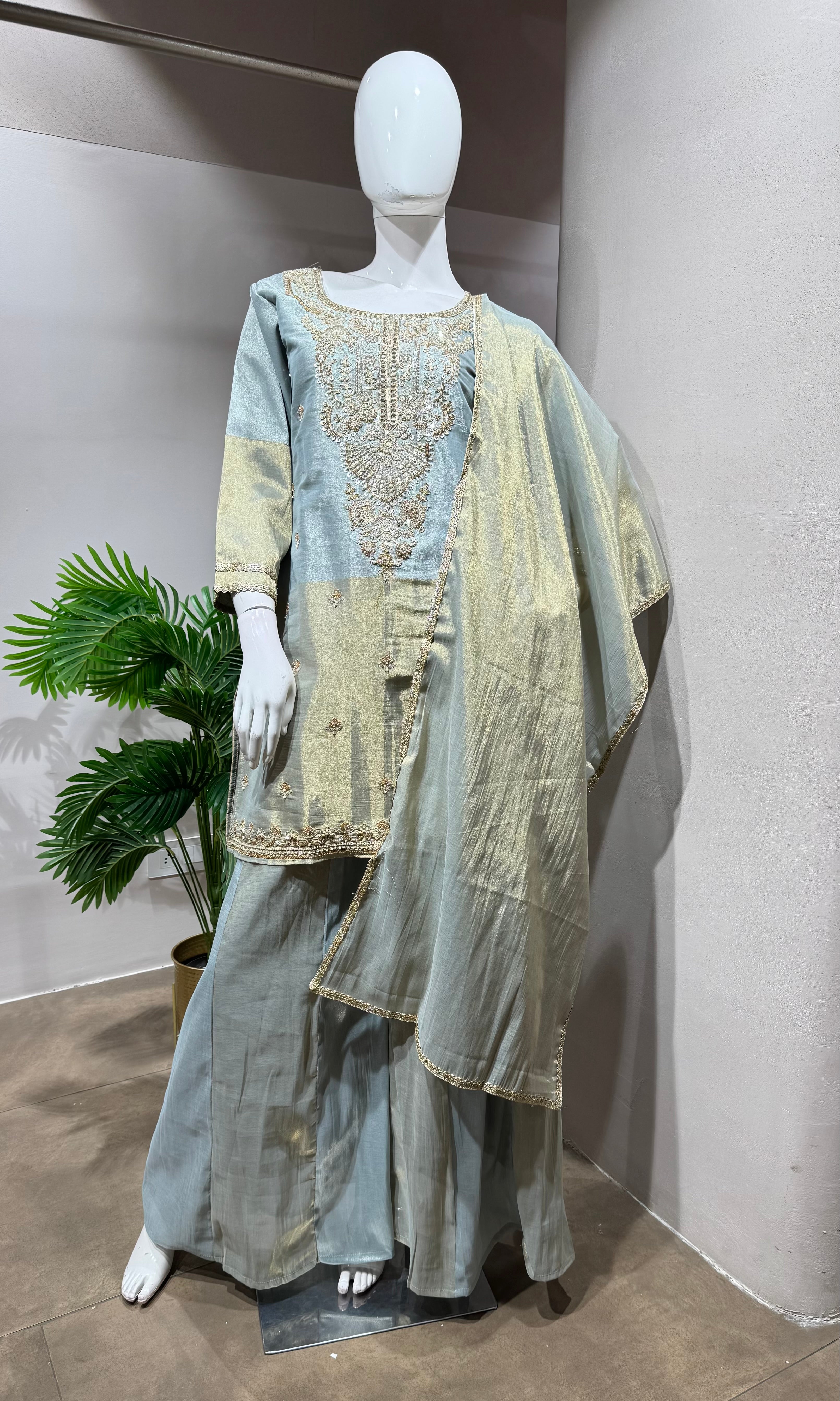 Grey & Gold Embroidered Festive Sharara Set
