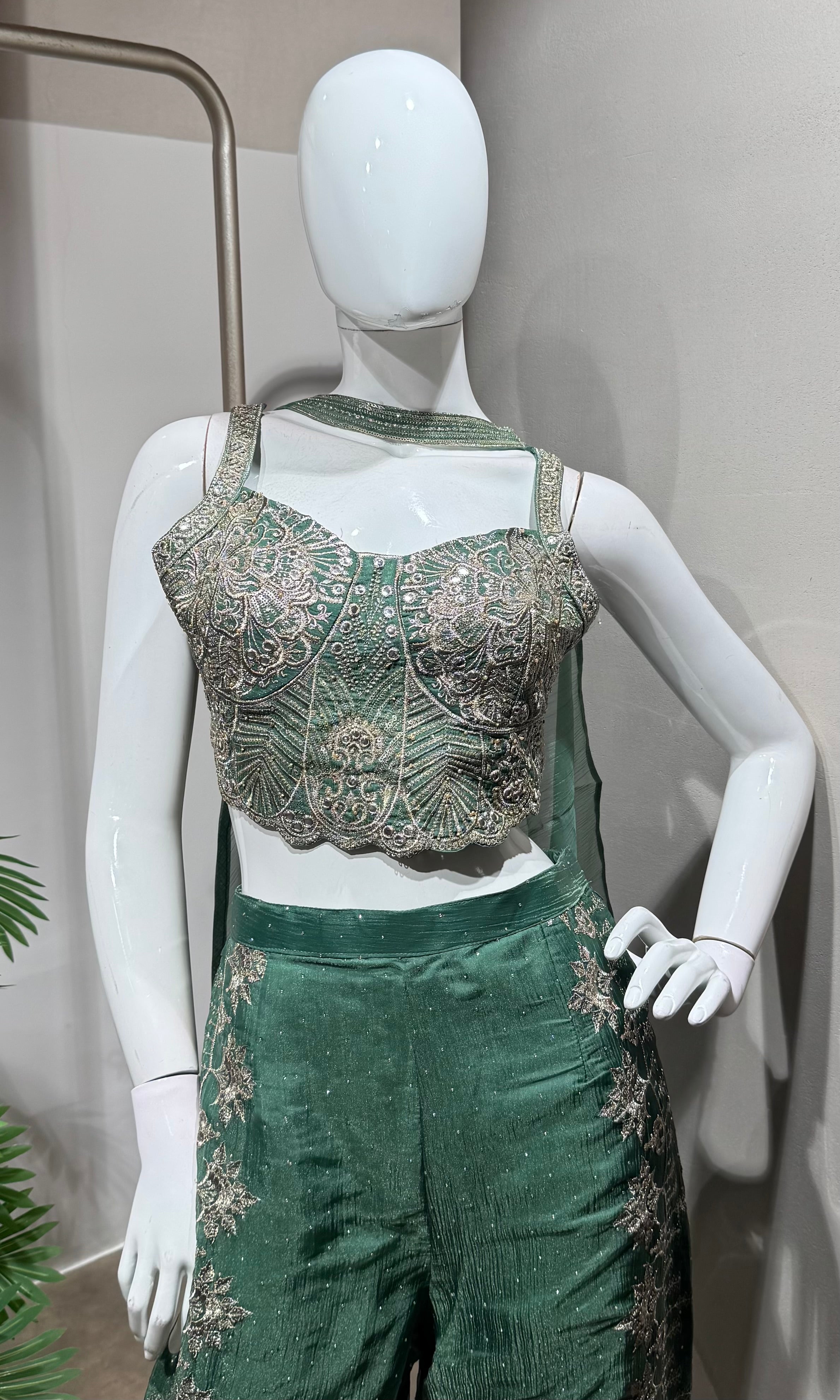 green sequins crop top and palazzo set