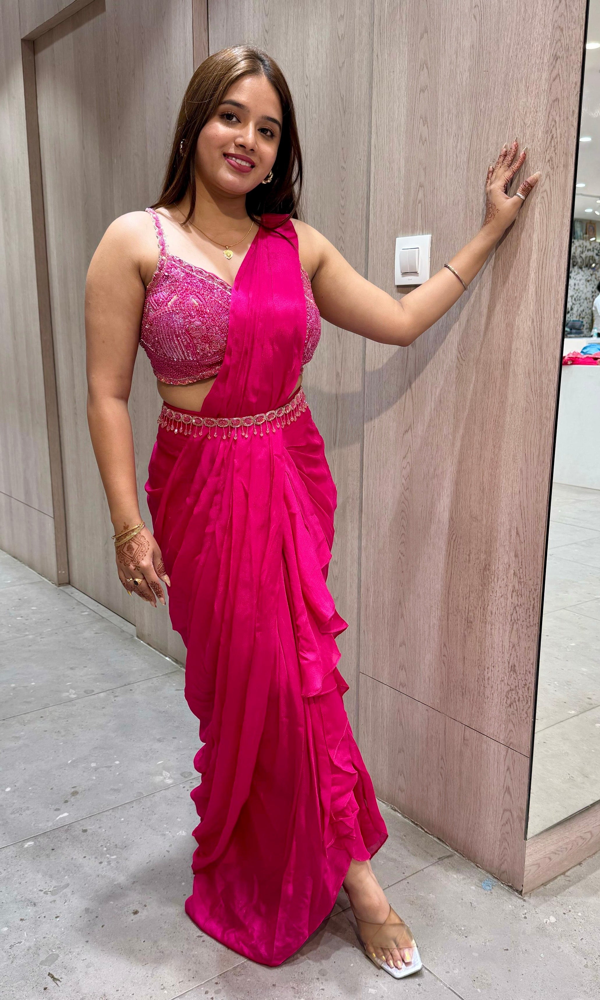 Pink Ruffle Draped Saree with Embellished Blouse