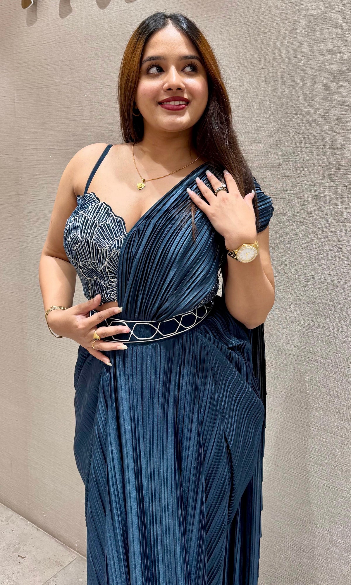 Peacock blue drape saree with Cape