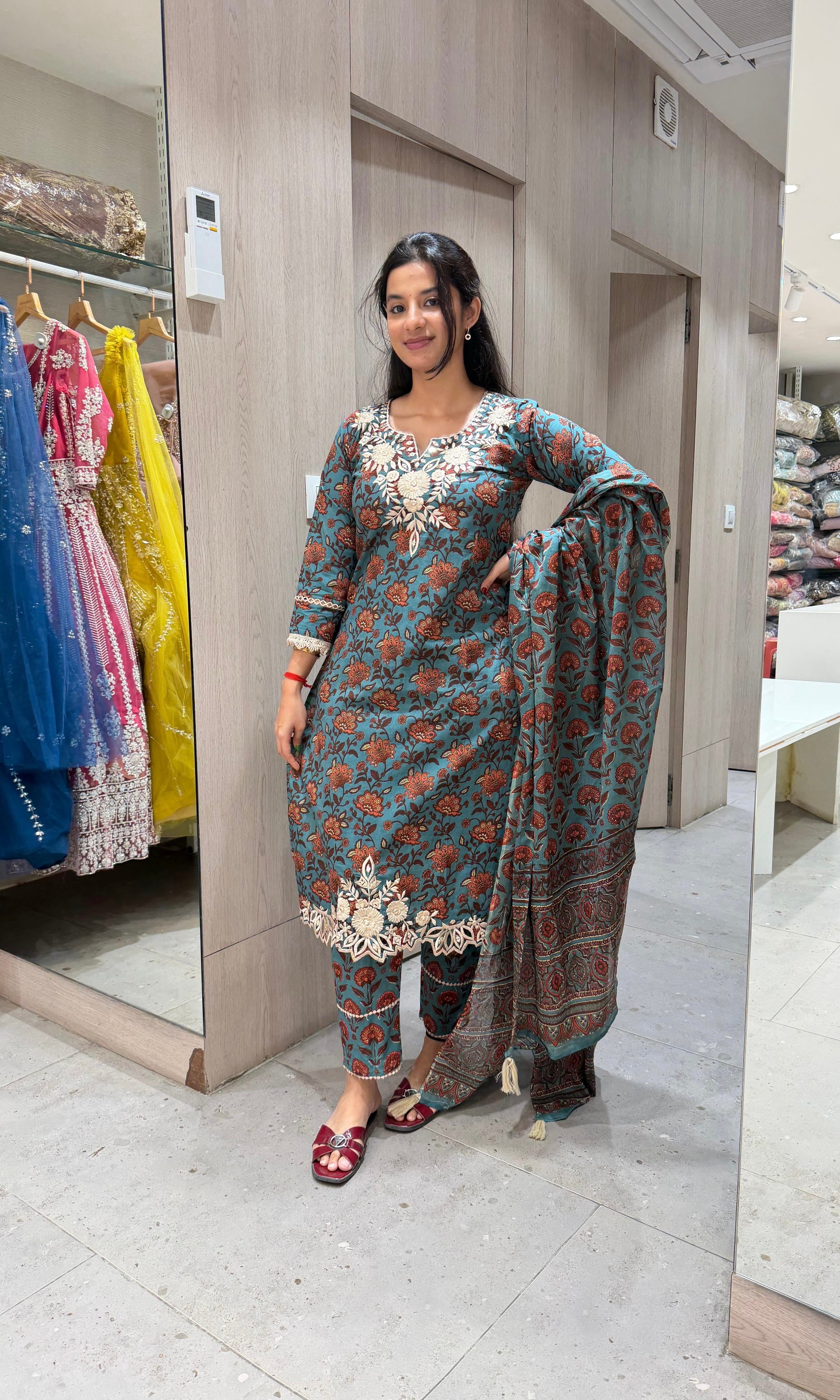 BLUE printed EMBROIDERED KURTA SET