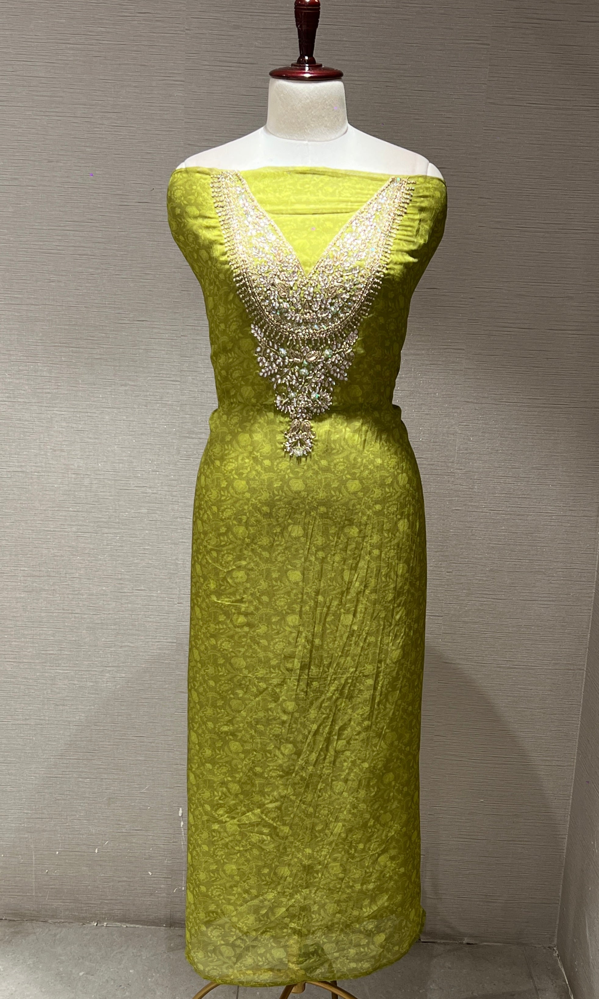 Olive Bloom Embroidered Dress Material