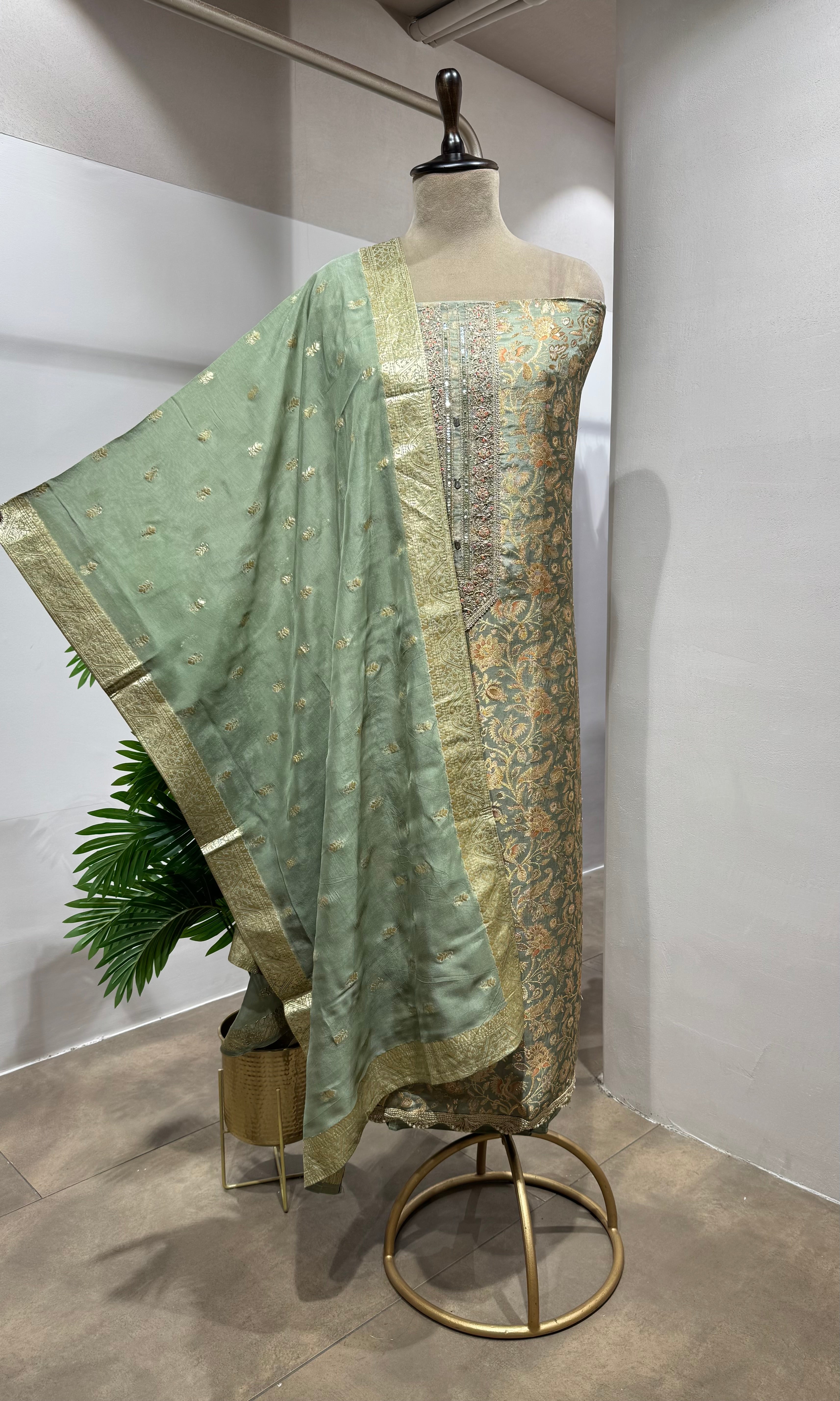 PISTA GREEN BANARASI SILK DRESS MATERIAL