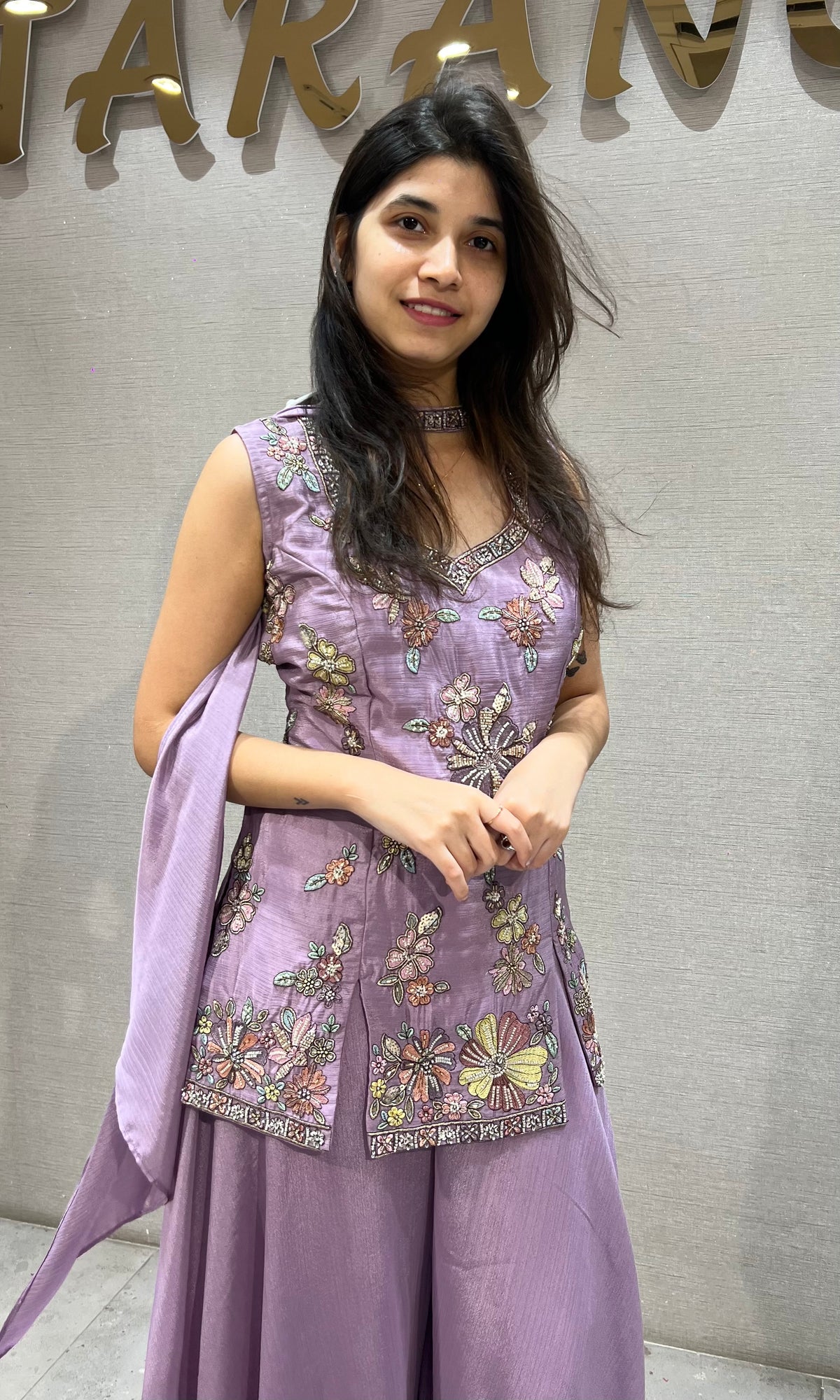 LAVANDER SILK FLORAL EMBROIDERED PALAZZO SET