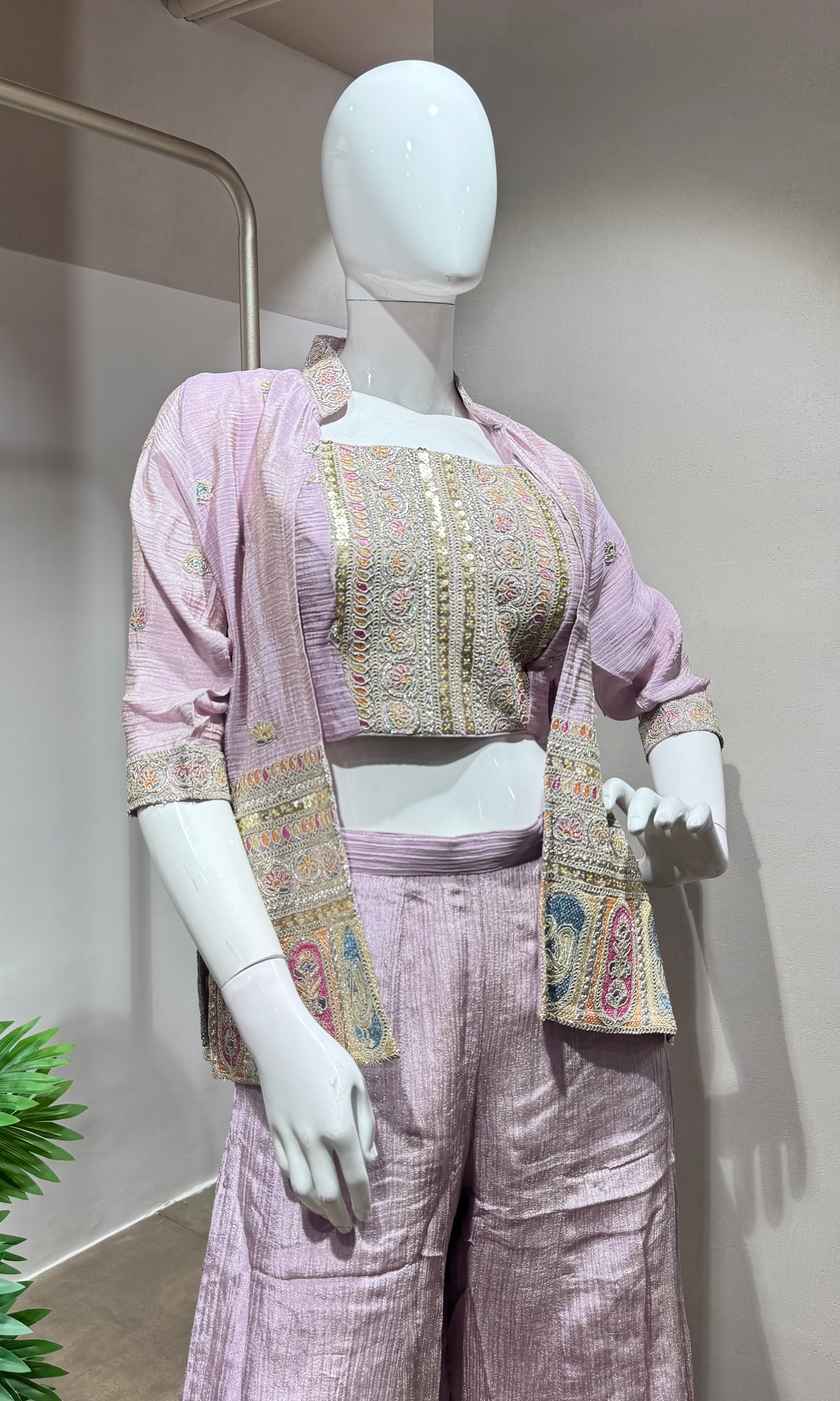 Light purple crop top palazzo with jacket