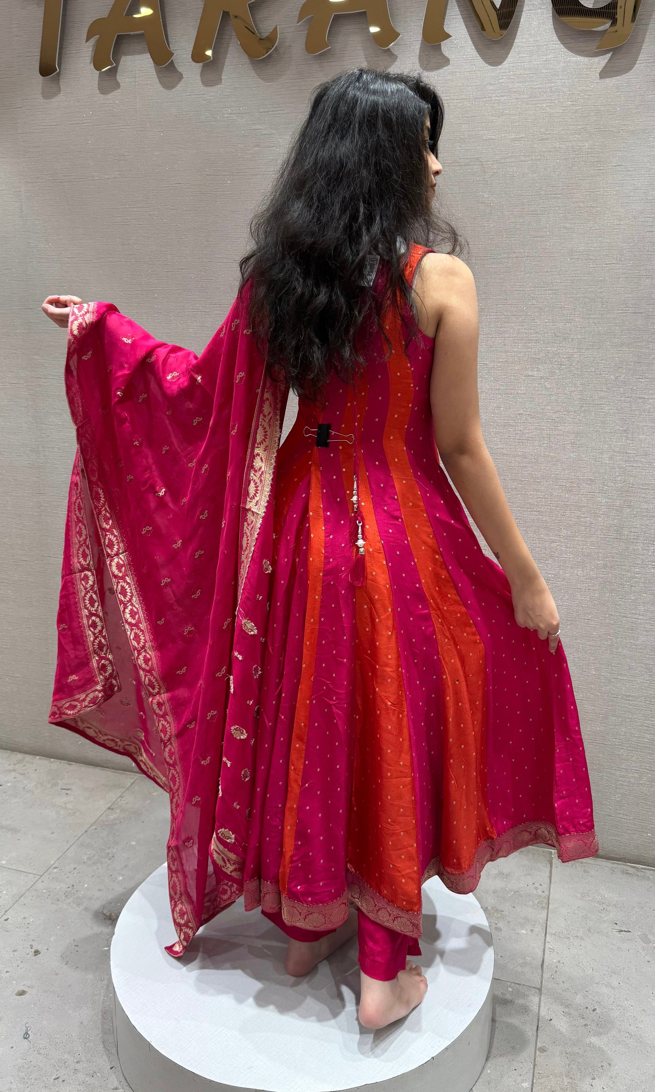 Rani Pink and Orange Stripe Anarkali