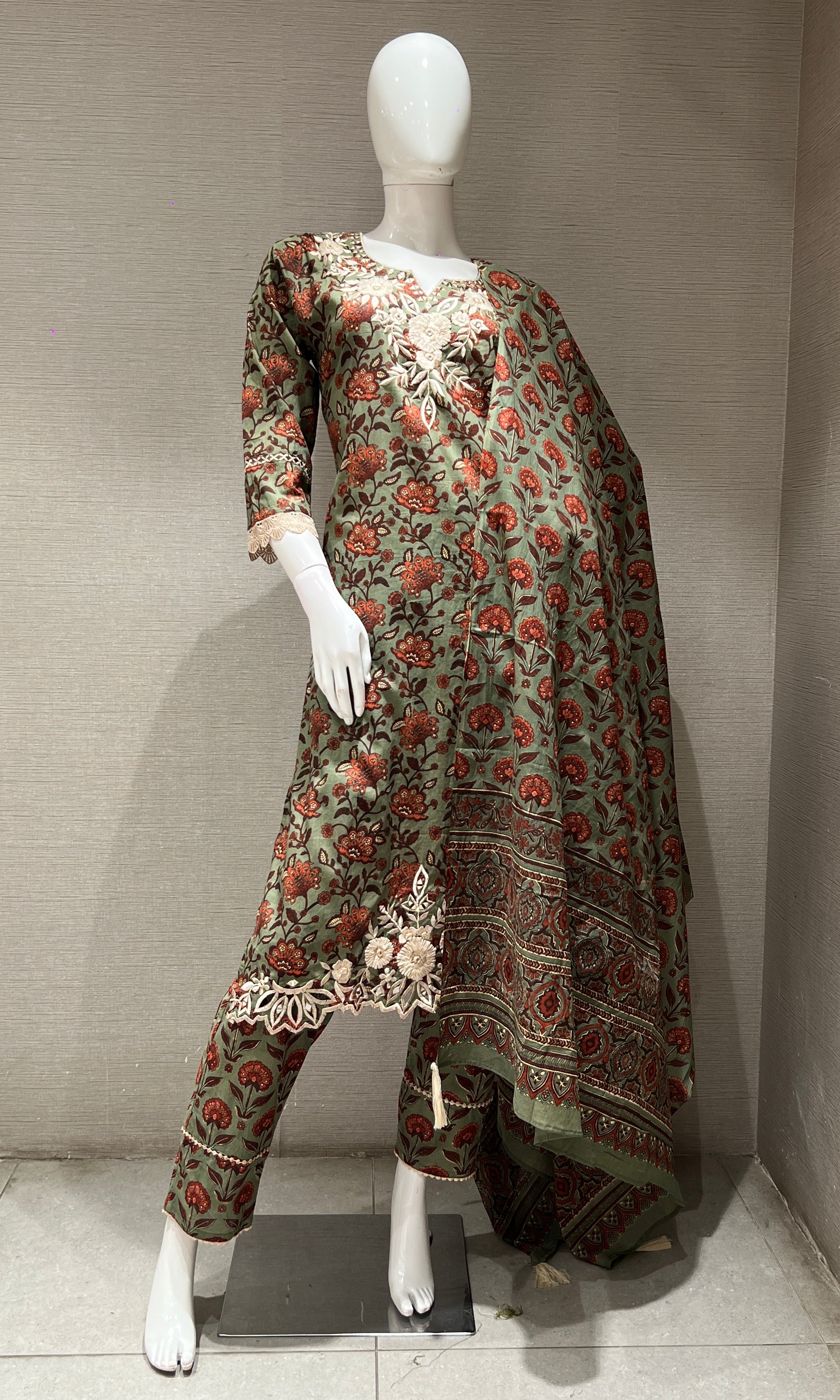 green printed EMBROIDERED kurta set