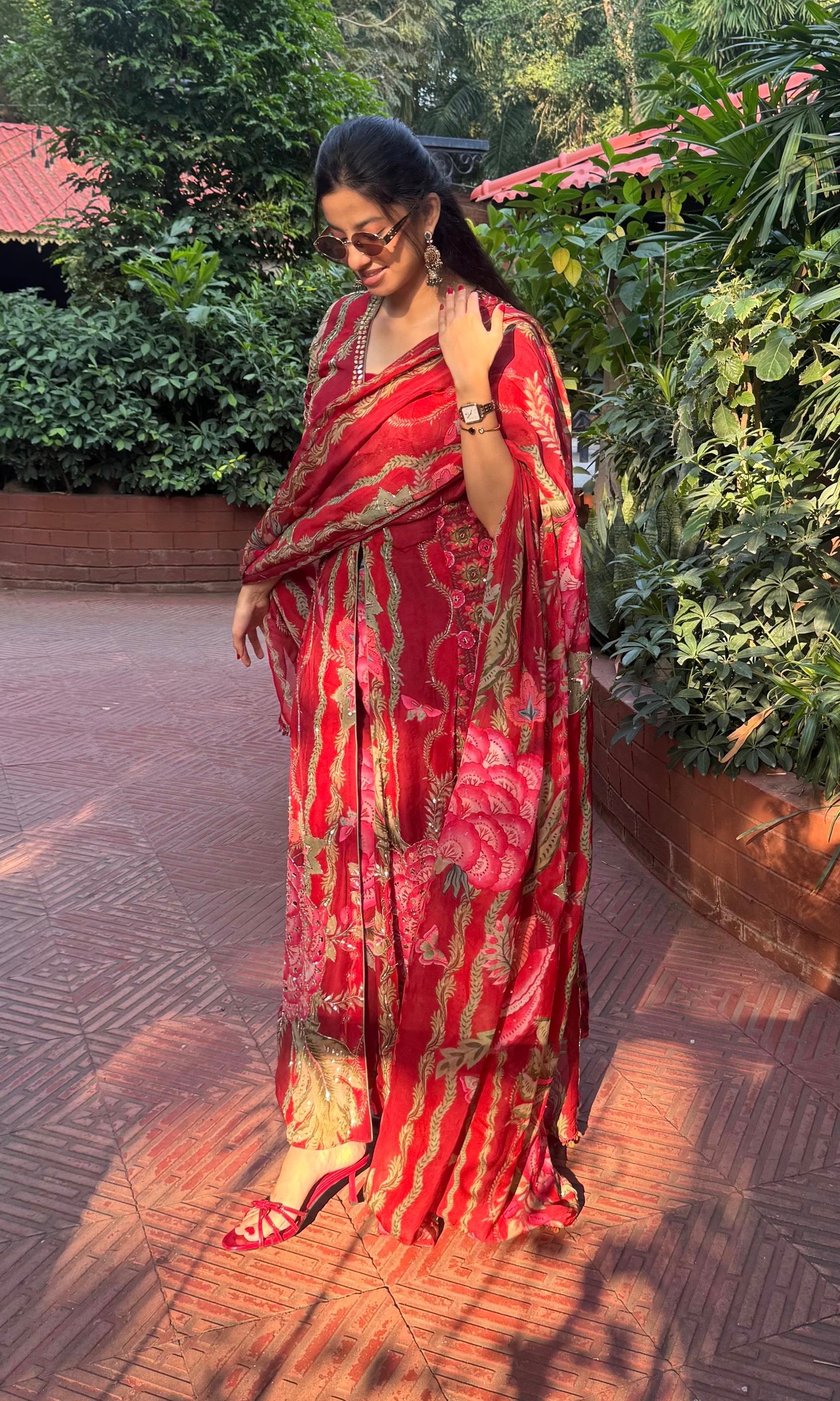 Red front slit Anarkali with palazzo pants