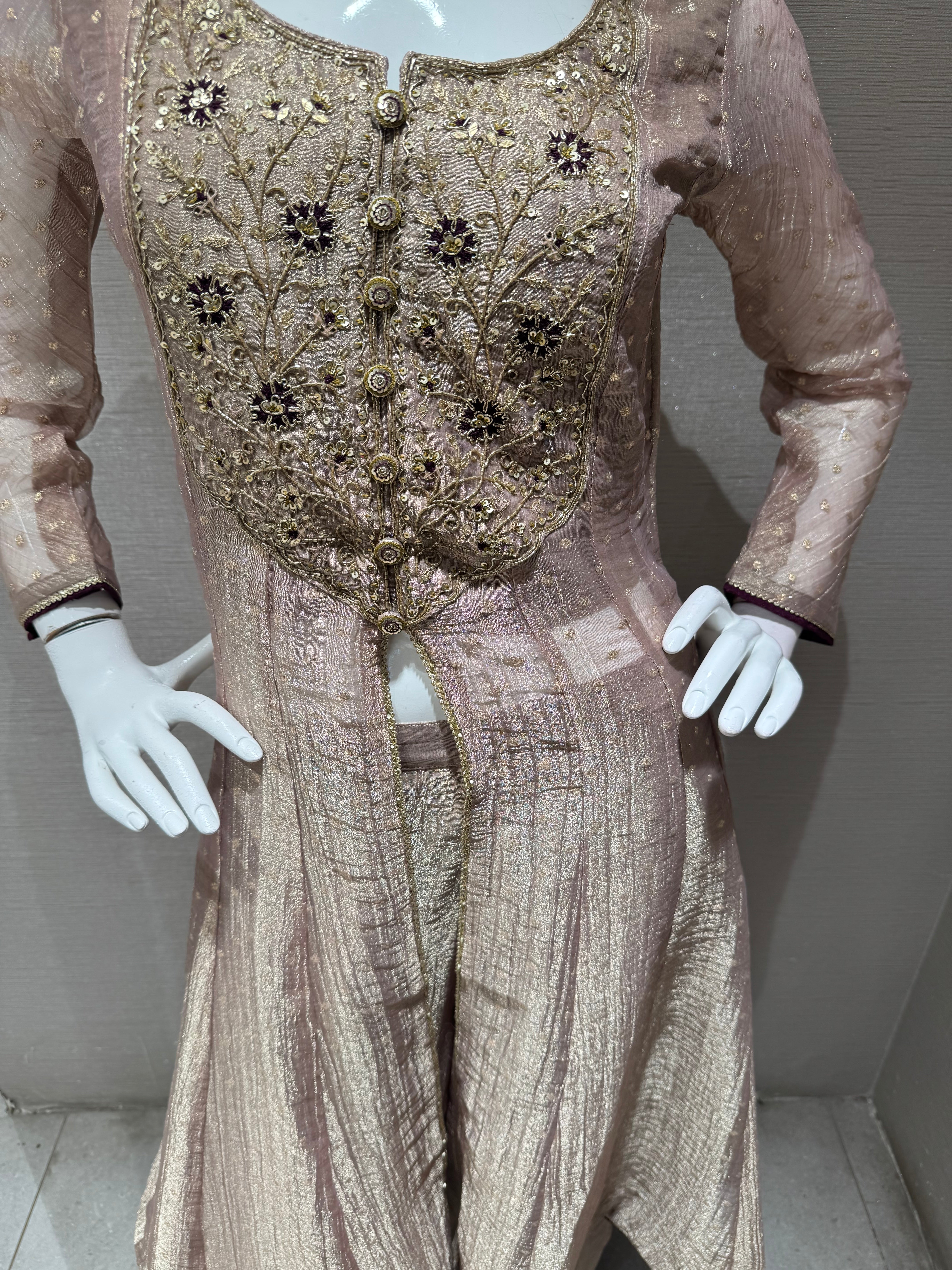 Greyish taupe tissue front slit anarkali with palazzo pants