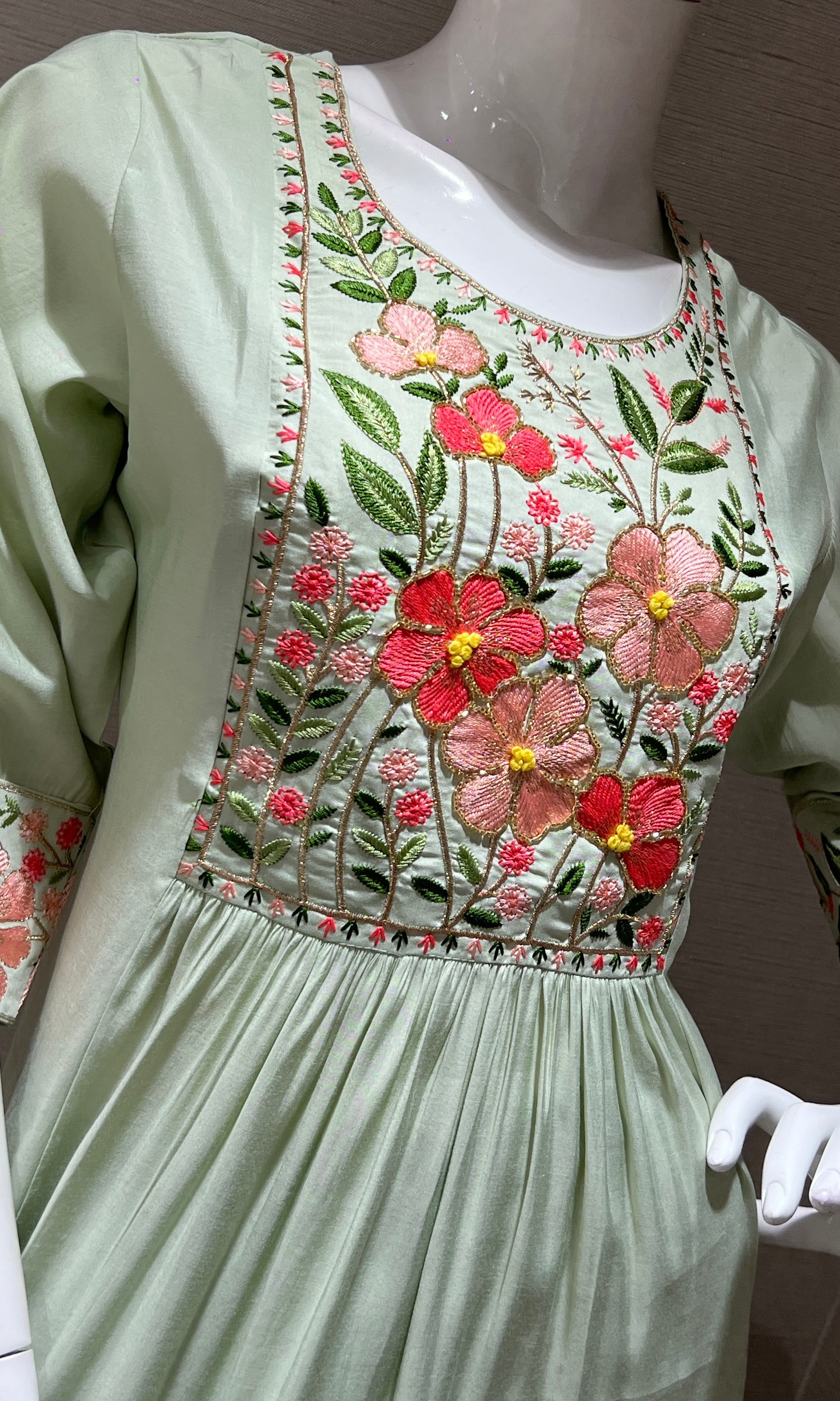 Pista Green Floral Charm Mul Chanderi kurta set