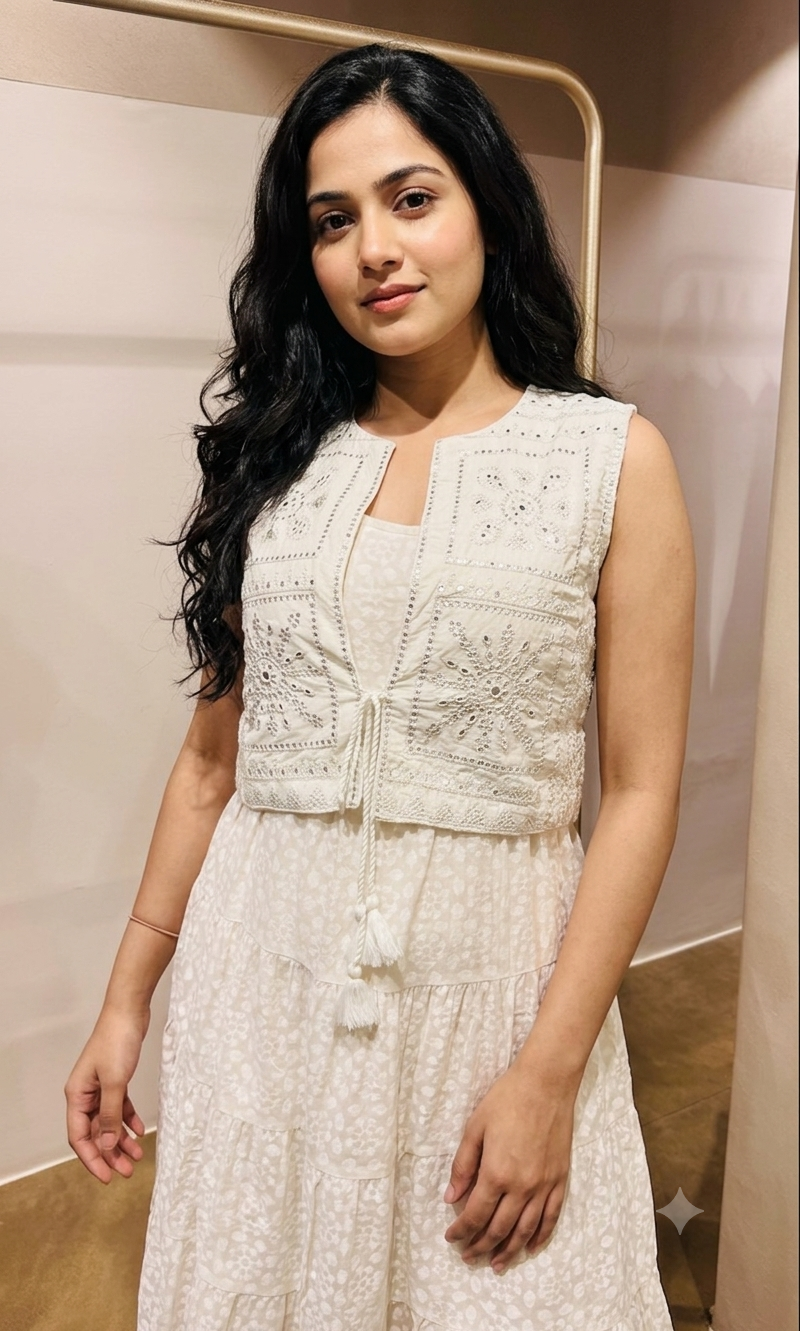 White Chikankari Embroidered frock with Cropped Jacket