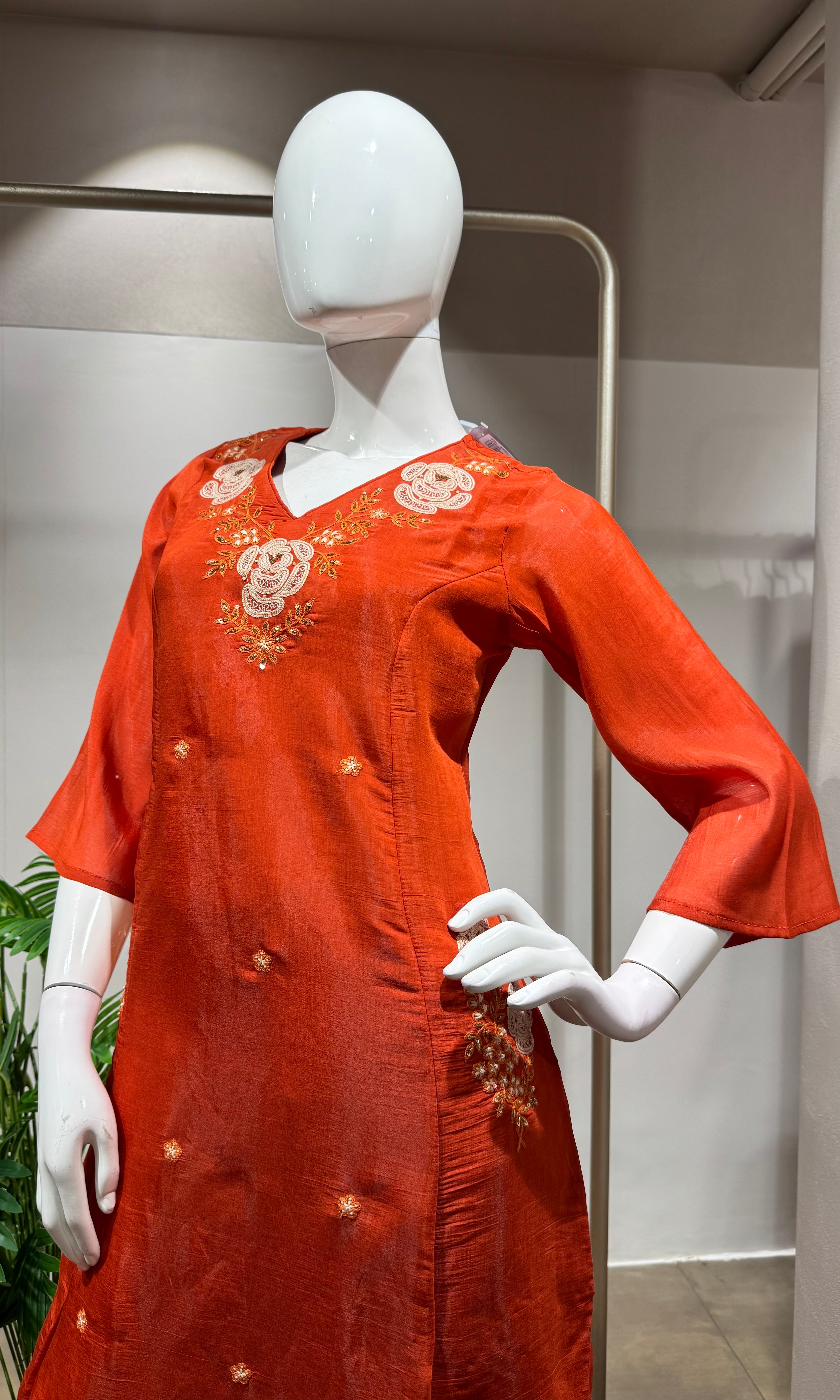 rust orange floral embroidered kurta set