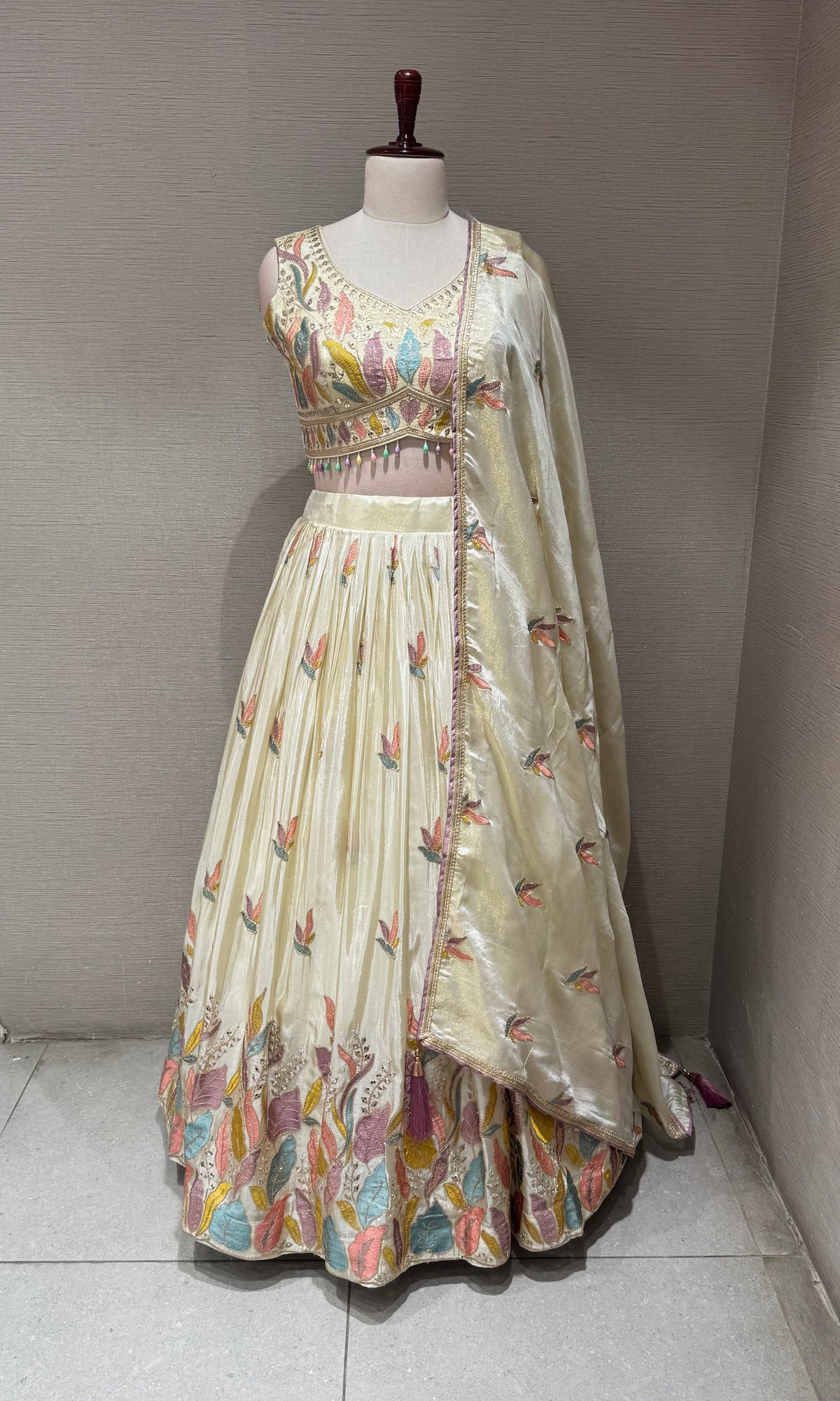 Cream Tissue silk Floral Print Lehenga Set