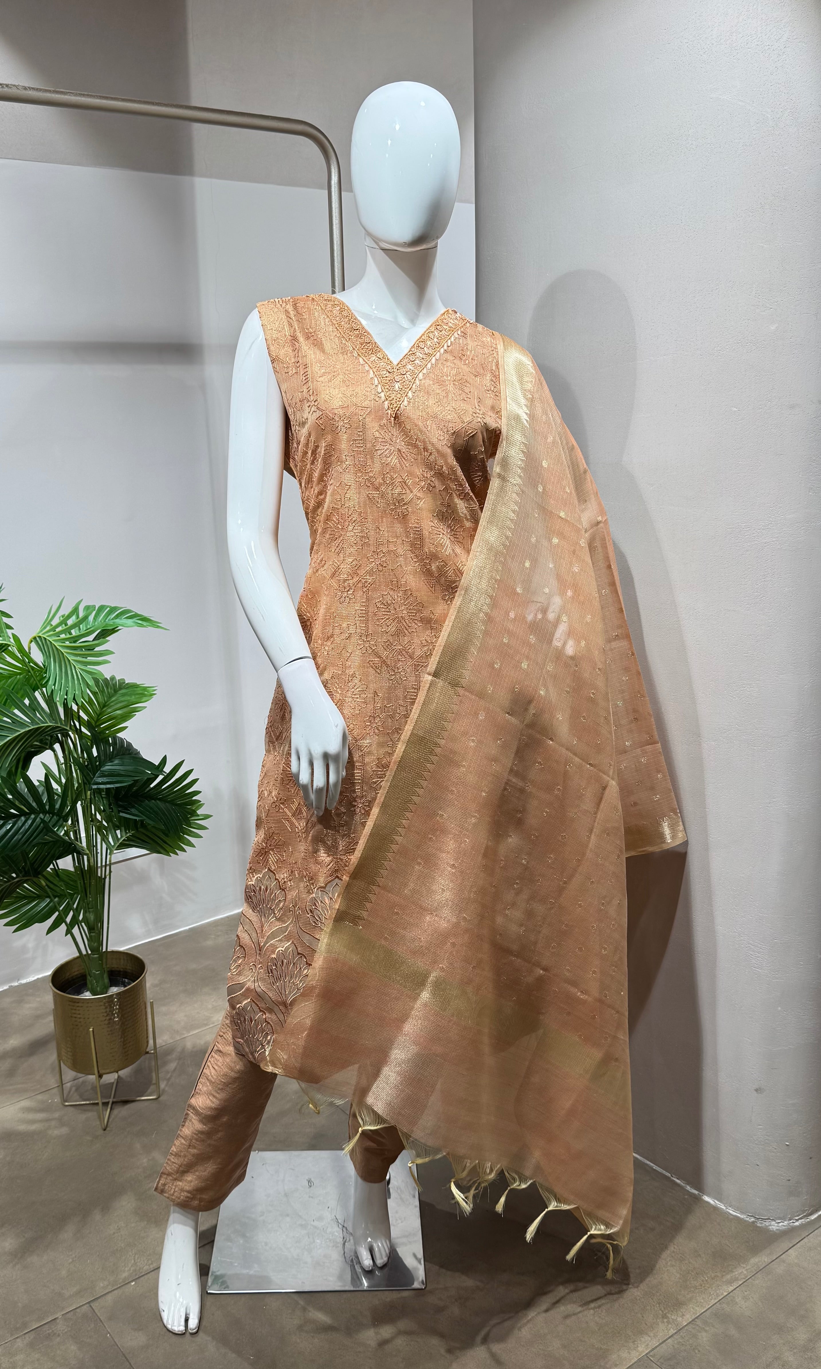 light peach tissue printed kurta set