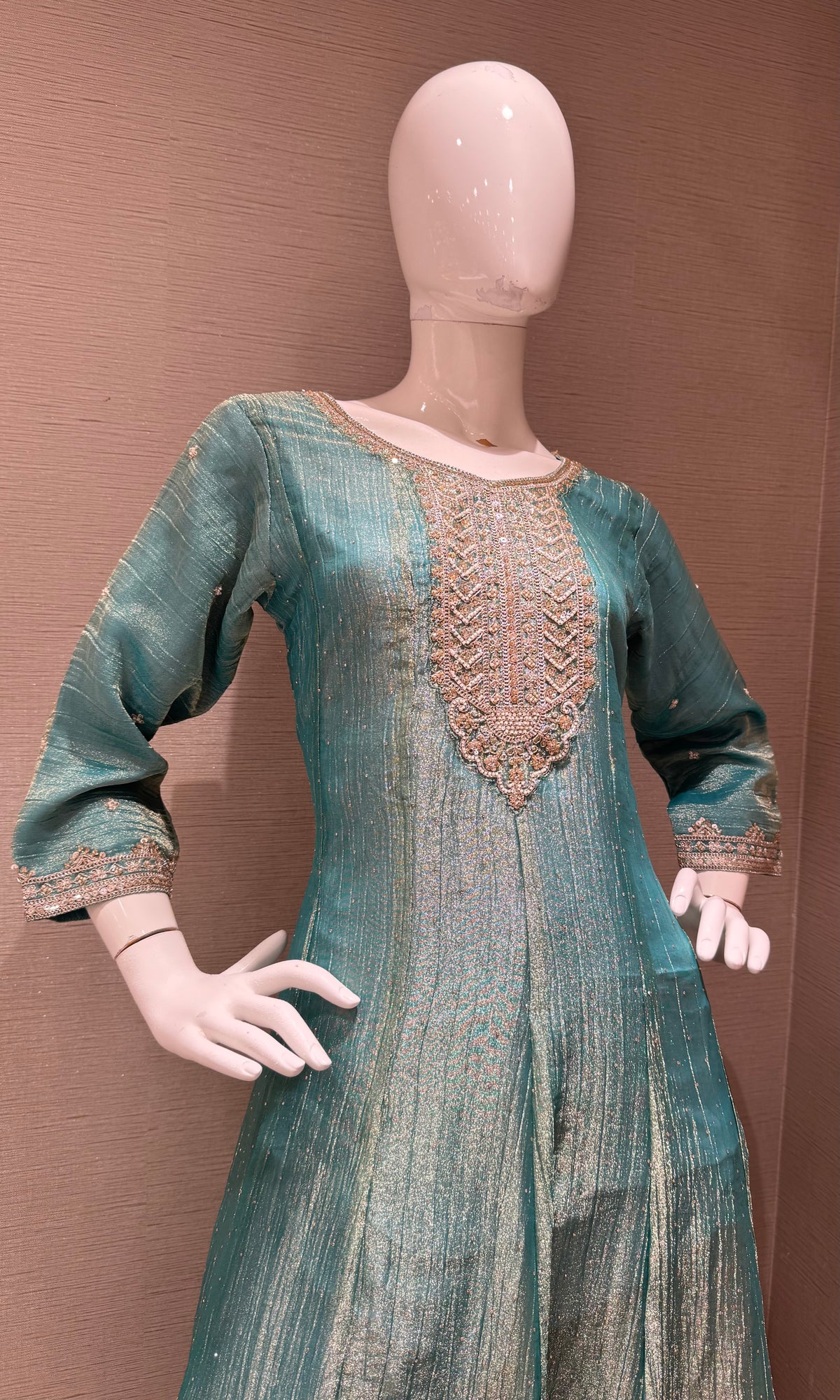 Sea Blue Shimmer Tissue Silk embroidered anarkali set with dupatta