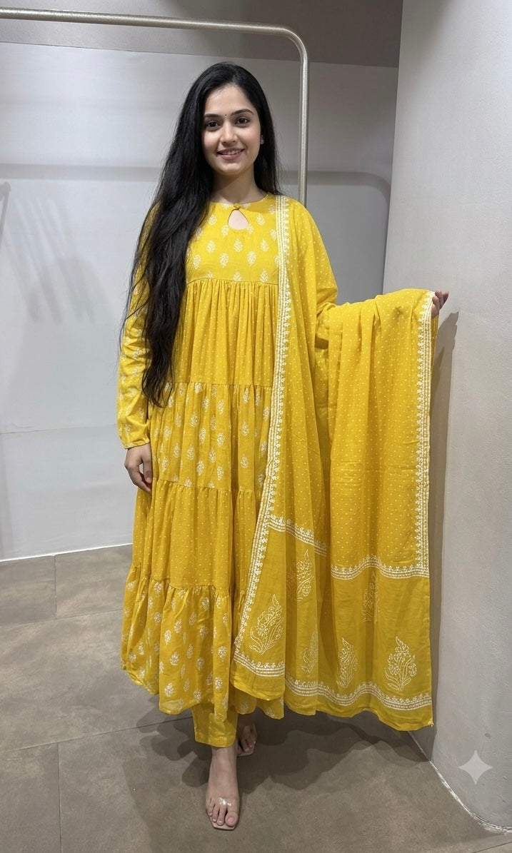 Mustard Floral Block Print anarkali Set with Dupatta