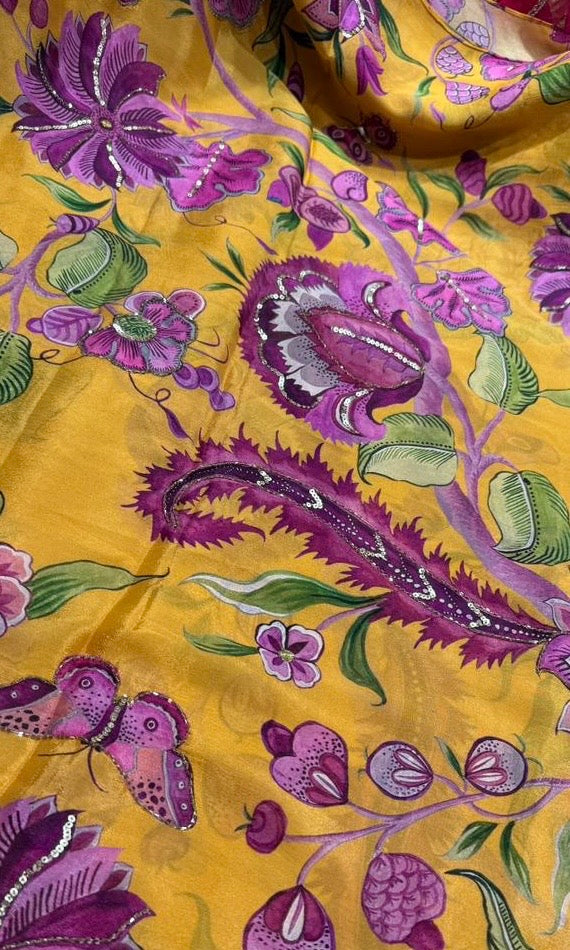 yellow floral saree with ready blouse