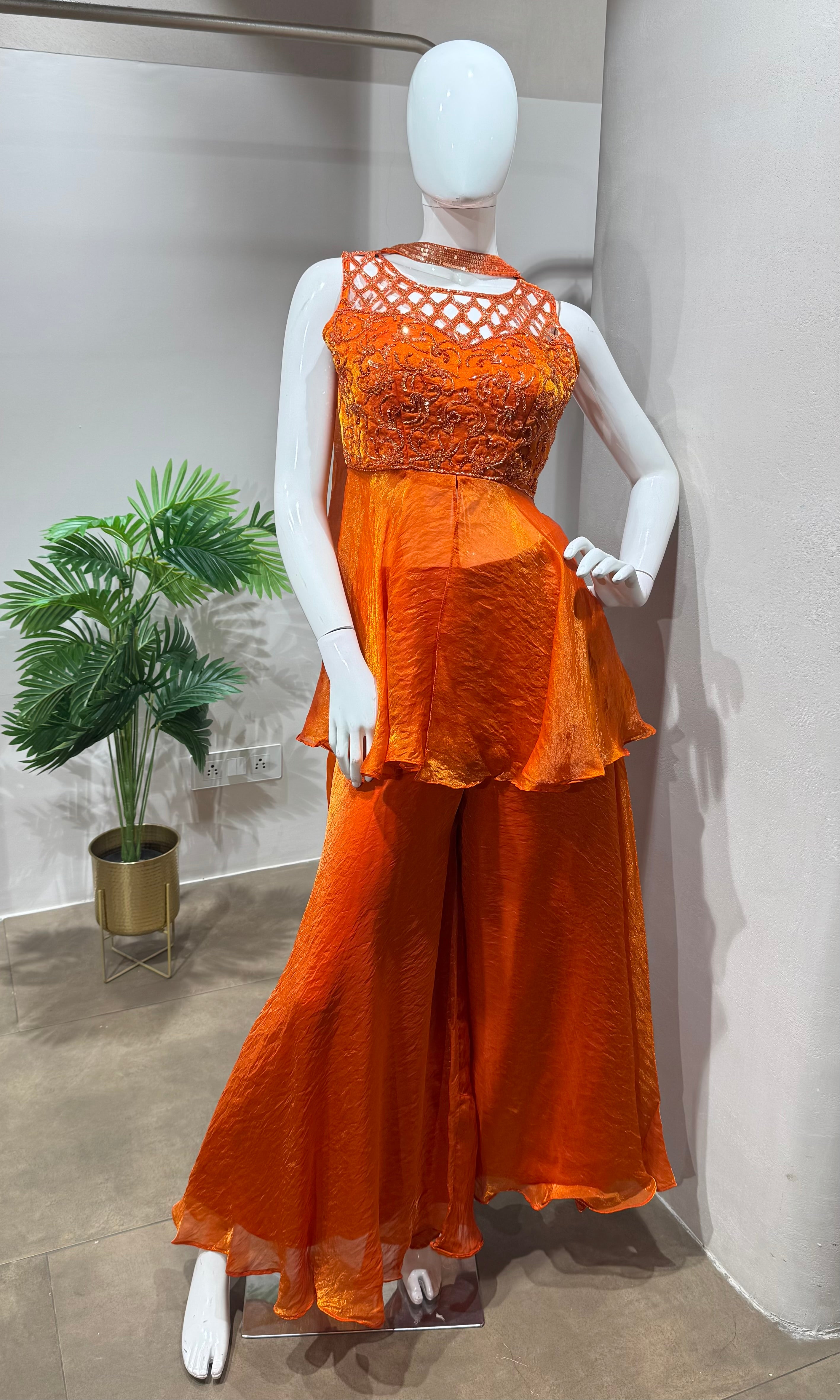 Orange Embellished Peplum Palazzo Set