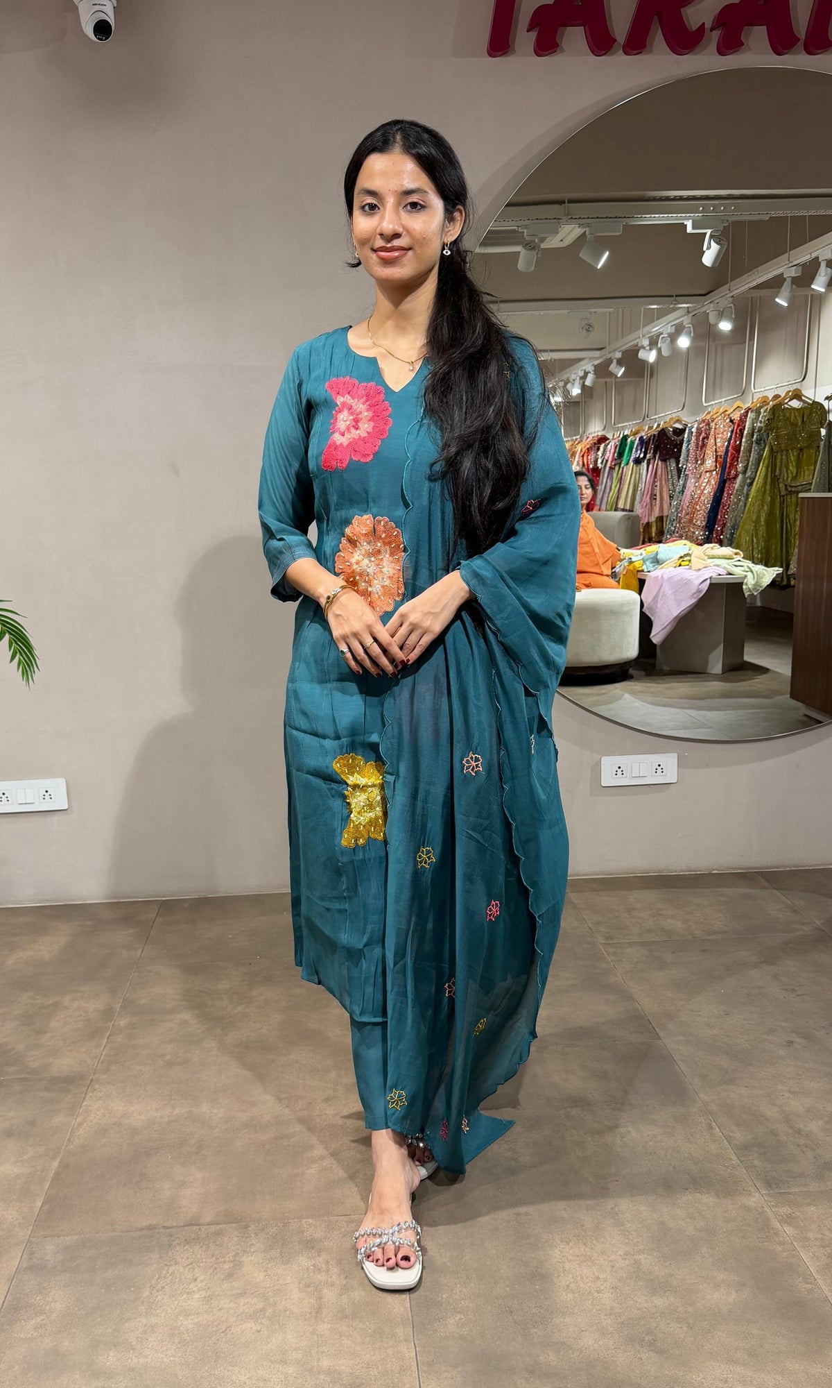 Sea Green cotton Floral Motif Kurta set with dupatta