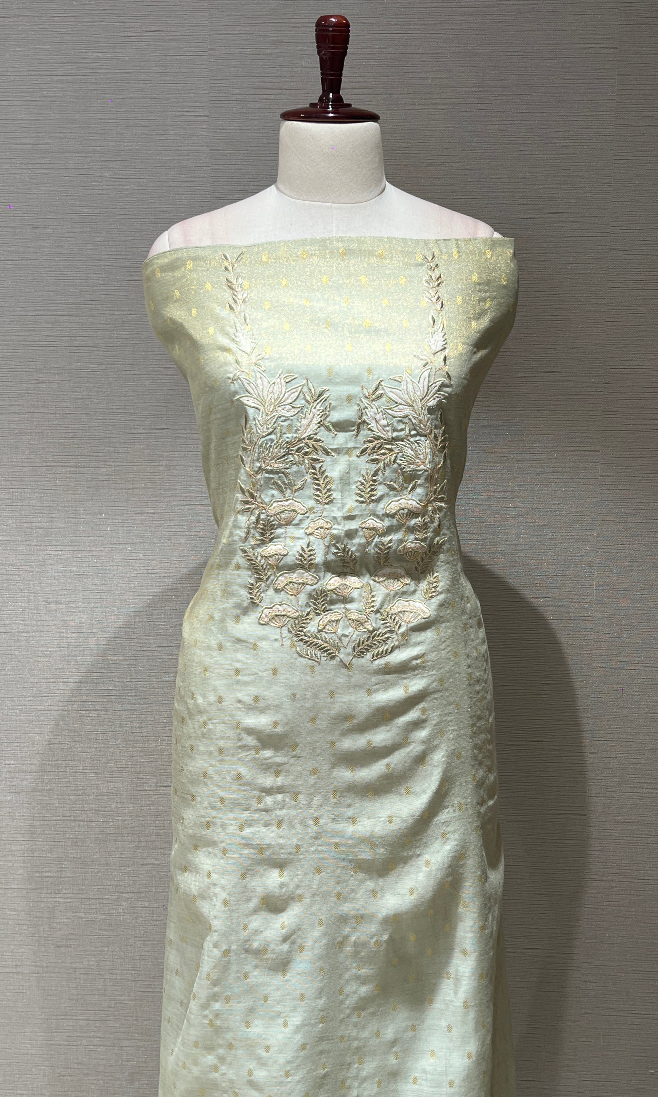 Pista green embroidered dress material