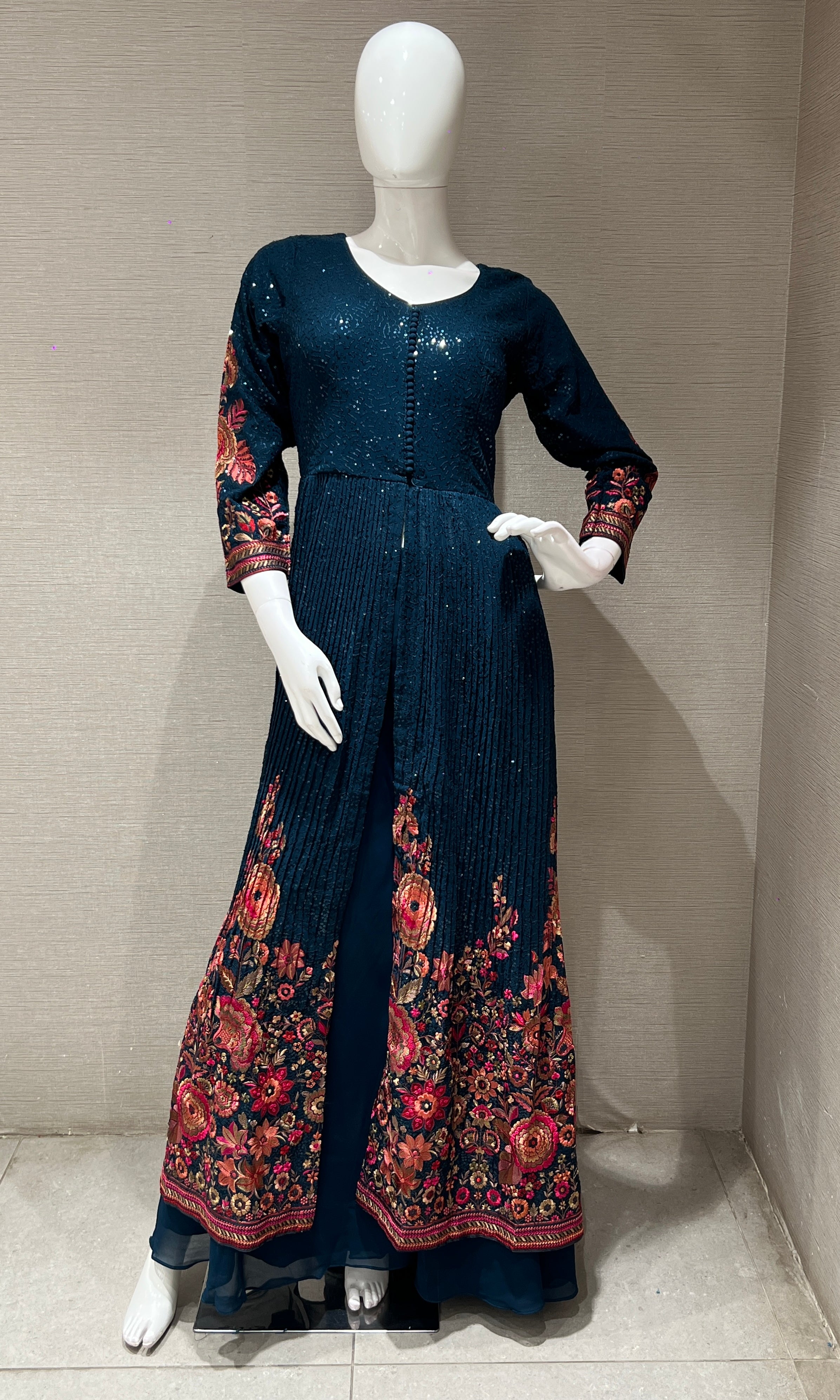 Blue Floral Anarkali With Palazoo Pants