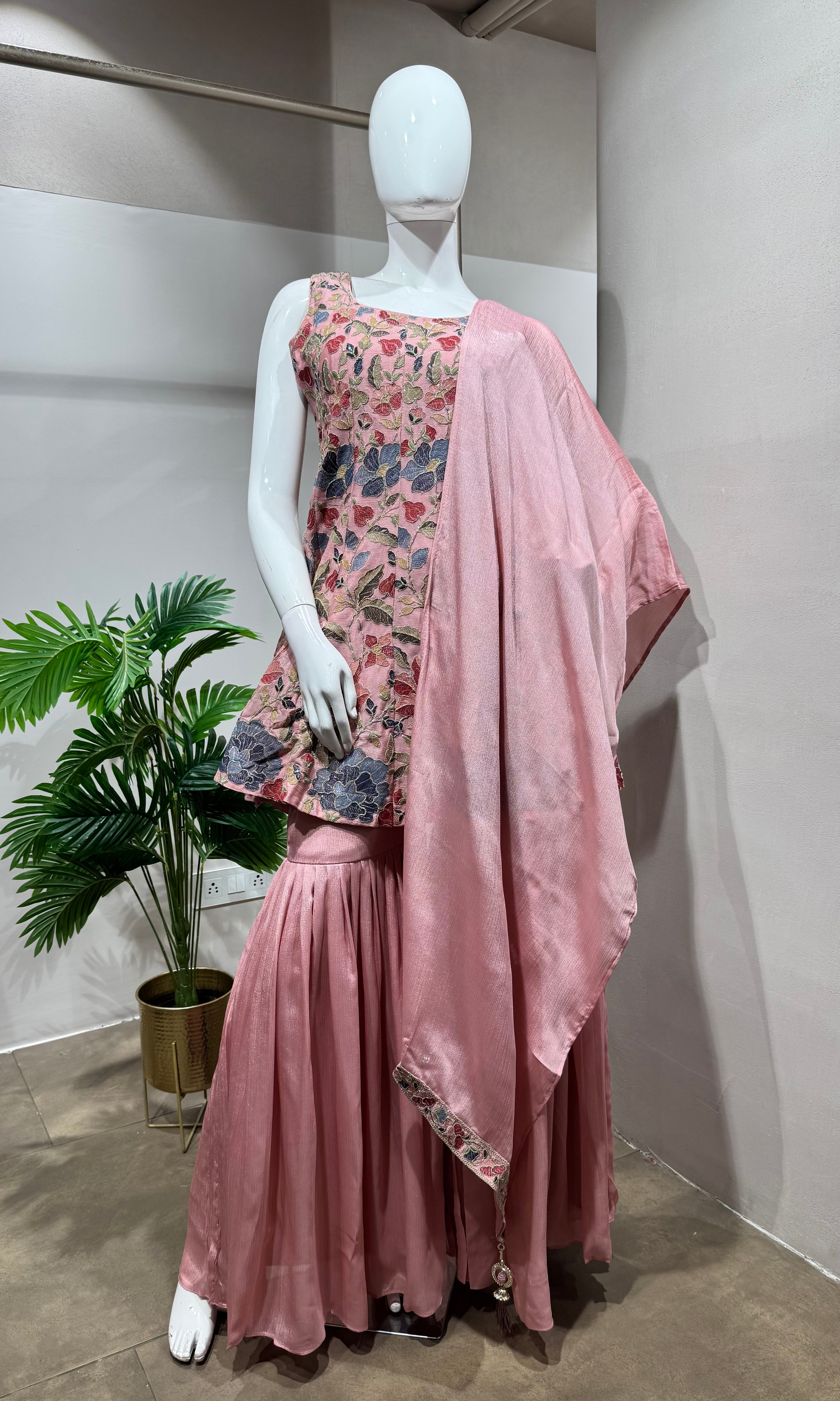 PINK floral embroidered Sharara with dupatta