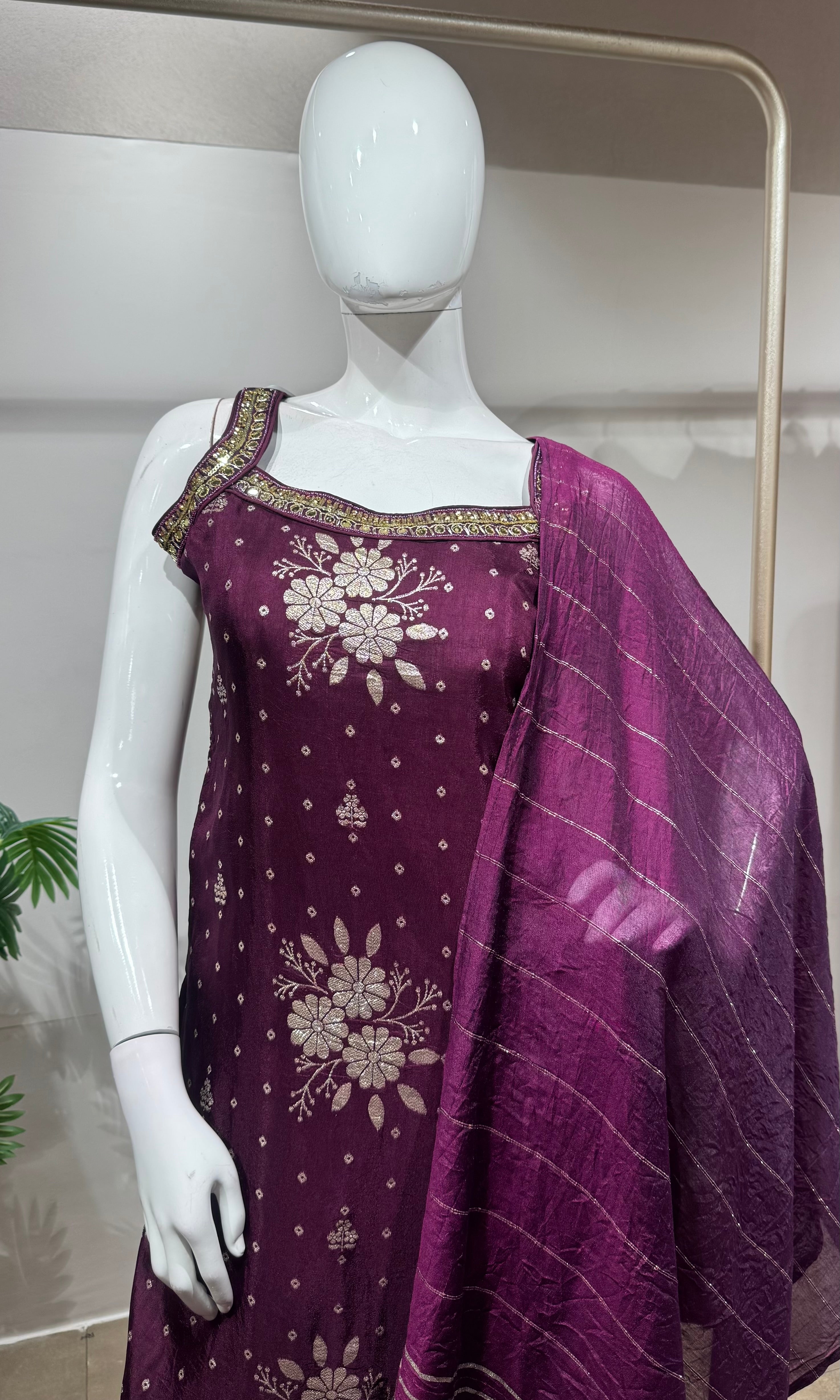 Plum wine Embroidered Silk kurta set