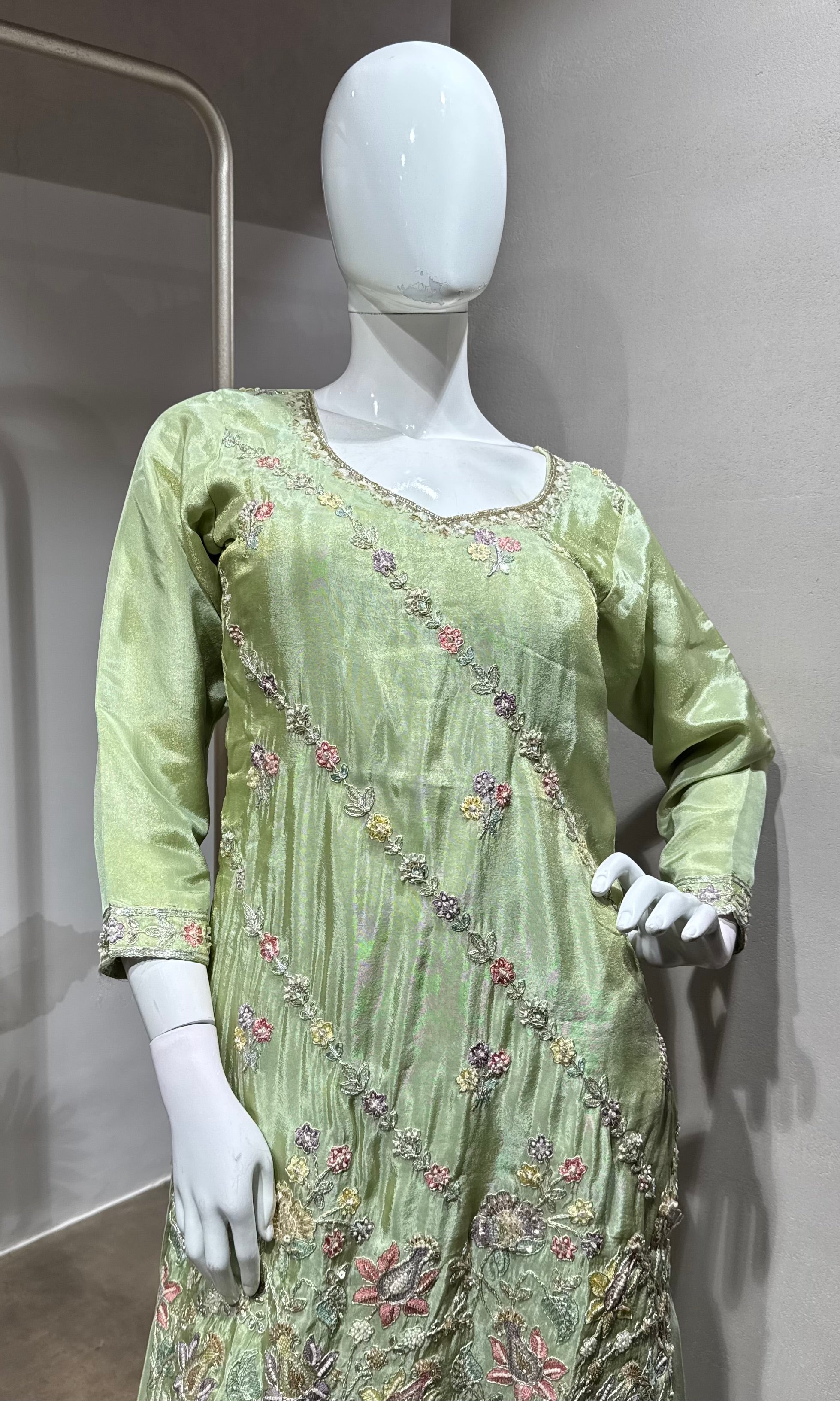 Pista Green Embroidered Shimmer silk Sharara Set